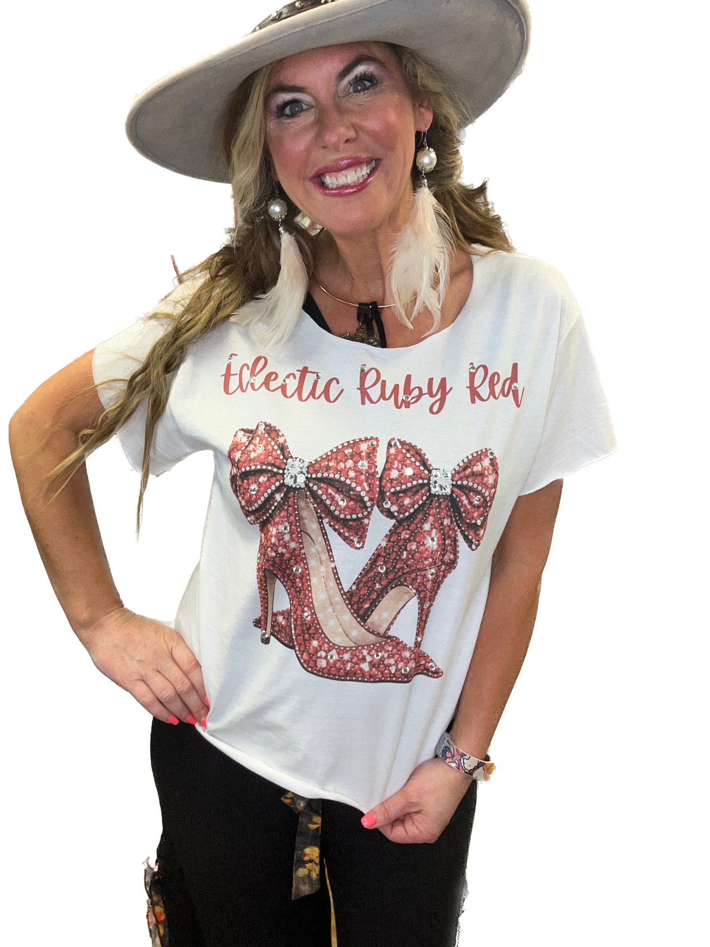 Eclectic Ruby Red Red Heels T-Shirt (Christy Cut) with Bling