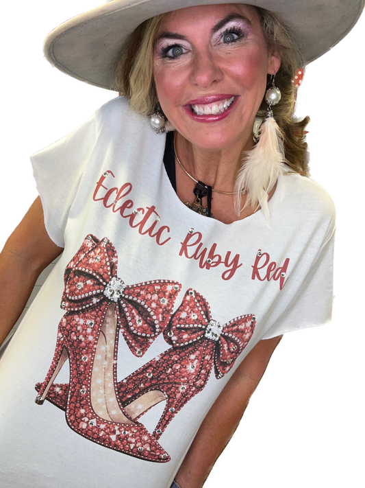 Eclectic Ruby Red Red Heels T-Shirt (Christy Cut) with Bling