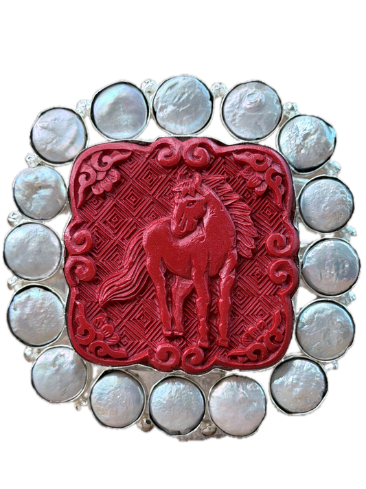 Bella German Silver Carved Horse and Pearl Cuff