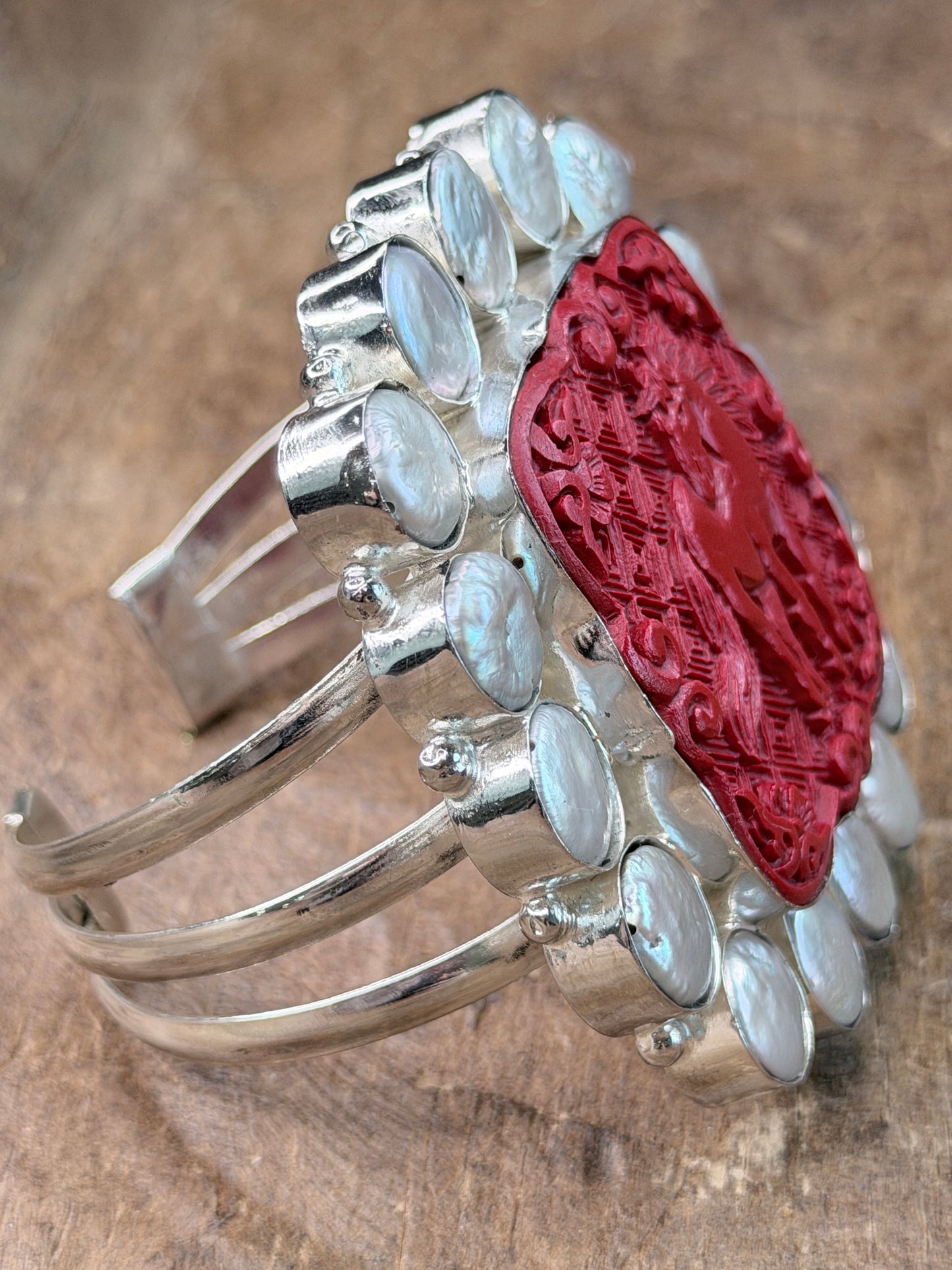 Bella German Silver Carved Horse and Pearl Cuff