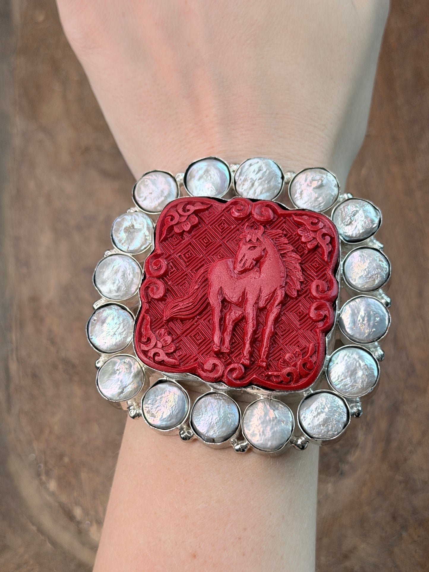 Bella German Silver Carved Horse and Pearl Cuff