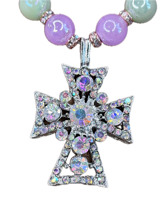 Purple and Green Beaded Cross Necklace- ERR Original
