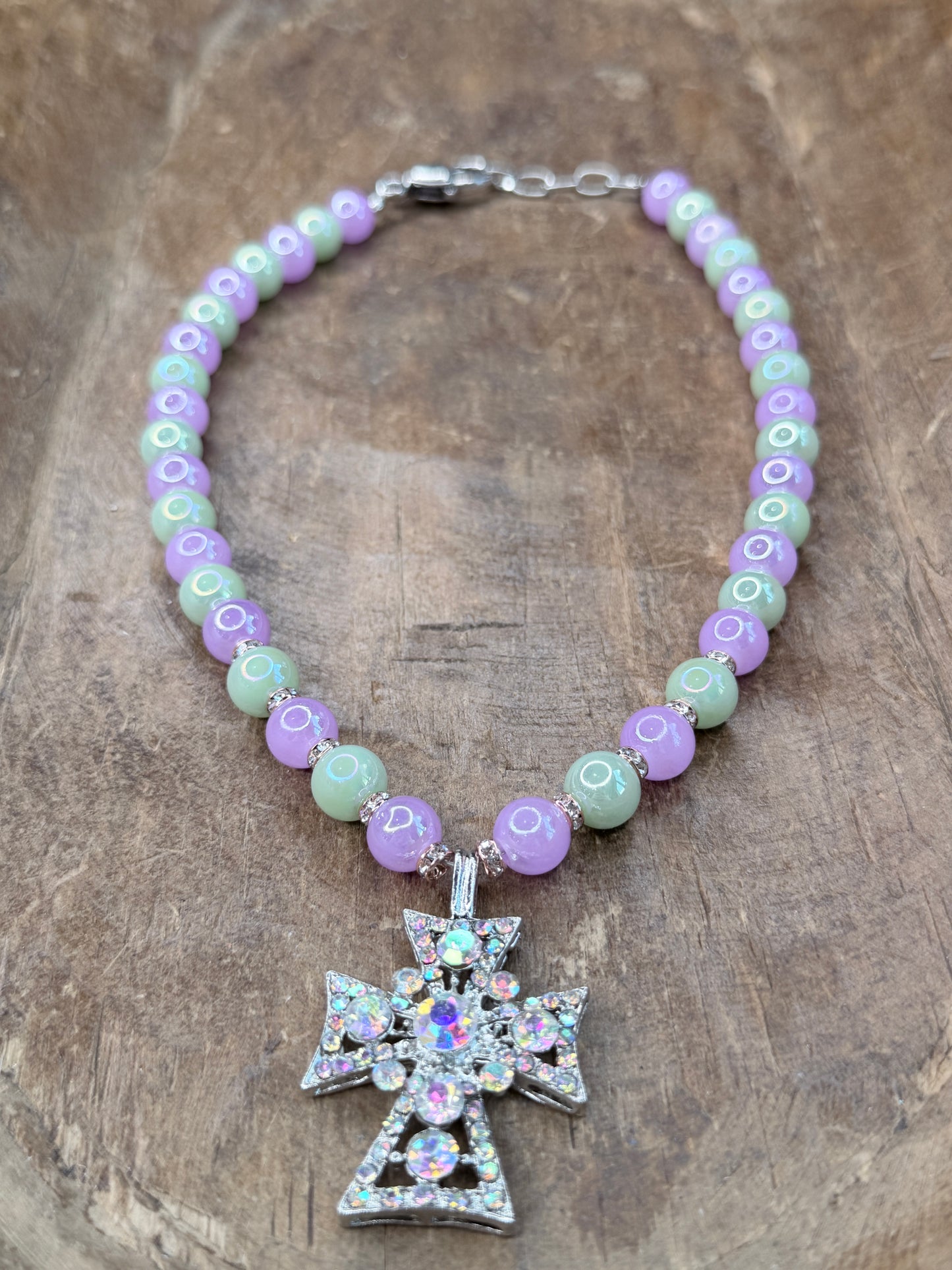 Purple and Green Beaded Cross Necklace- ERR Original
