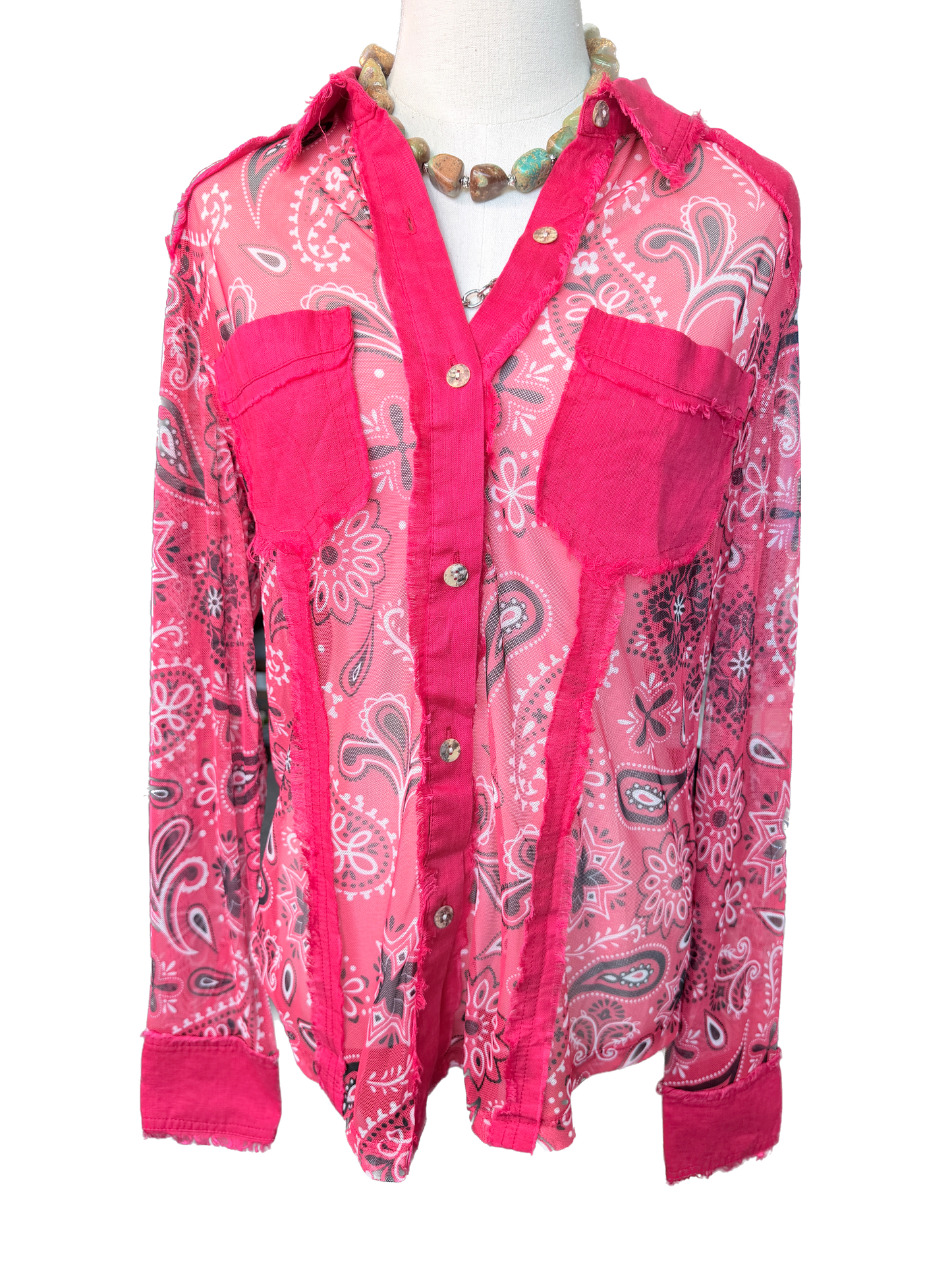 Paisley Print Mesh Linen Top (Red)