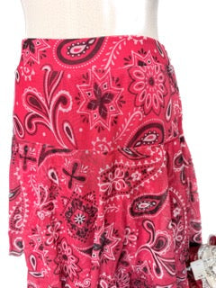 Mesh Bandana Print Tiered Maxi Skirt (Red)