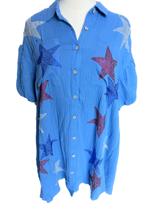 final sale Peach Love- Rhinestone Star Gauze Dress (Blue)