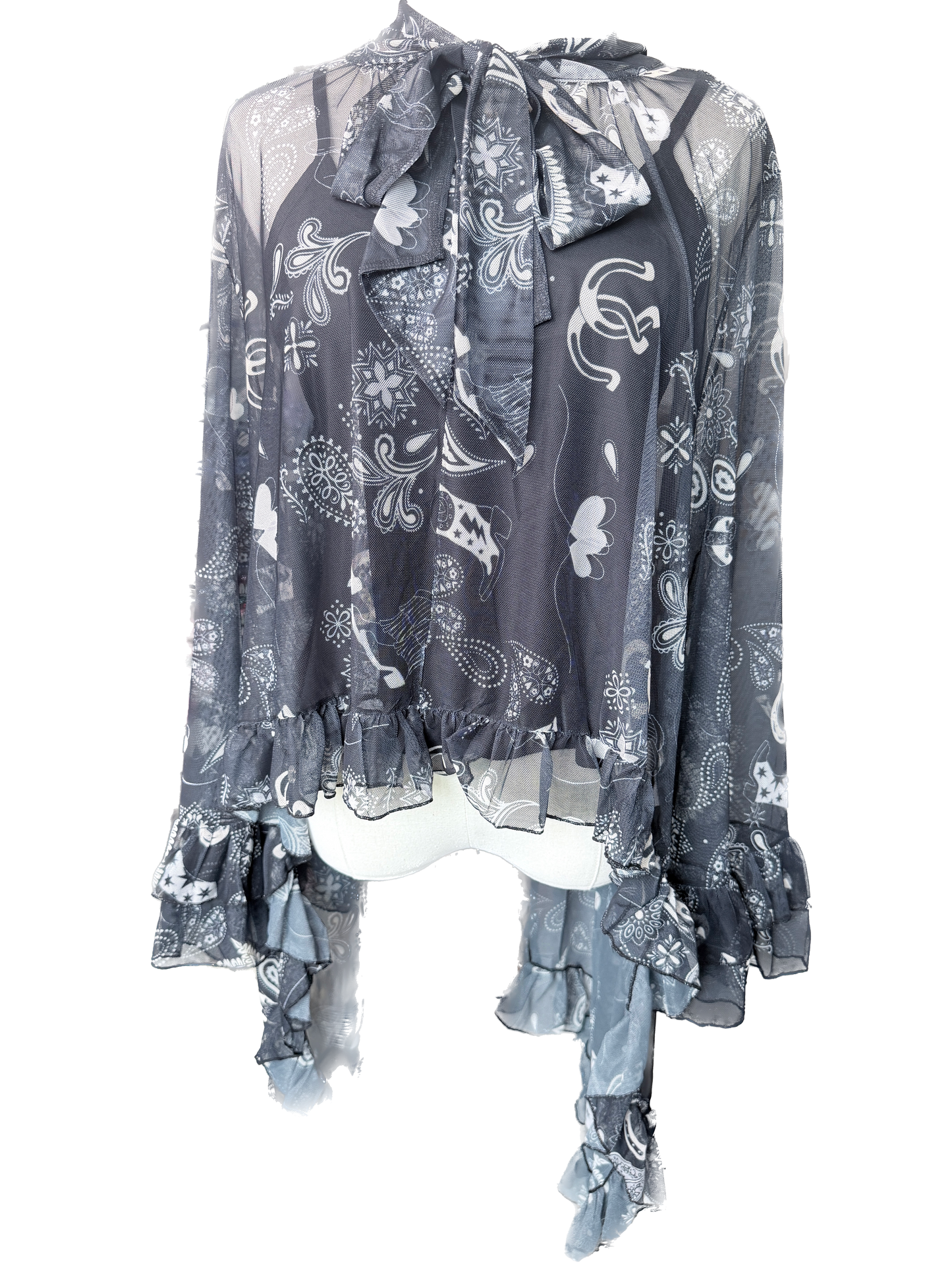 Printed Mesh Ruffle Blouse (Black)