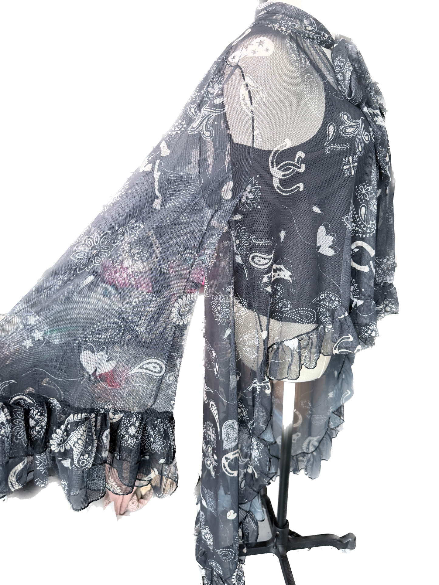 Printed Mesh Ruffle Blouse (Black)
