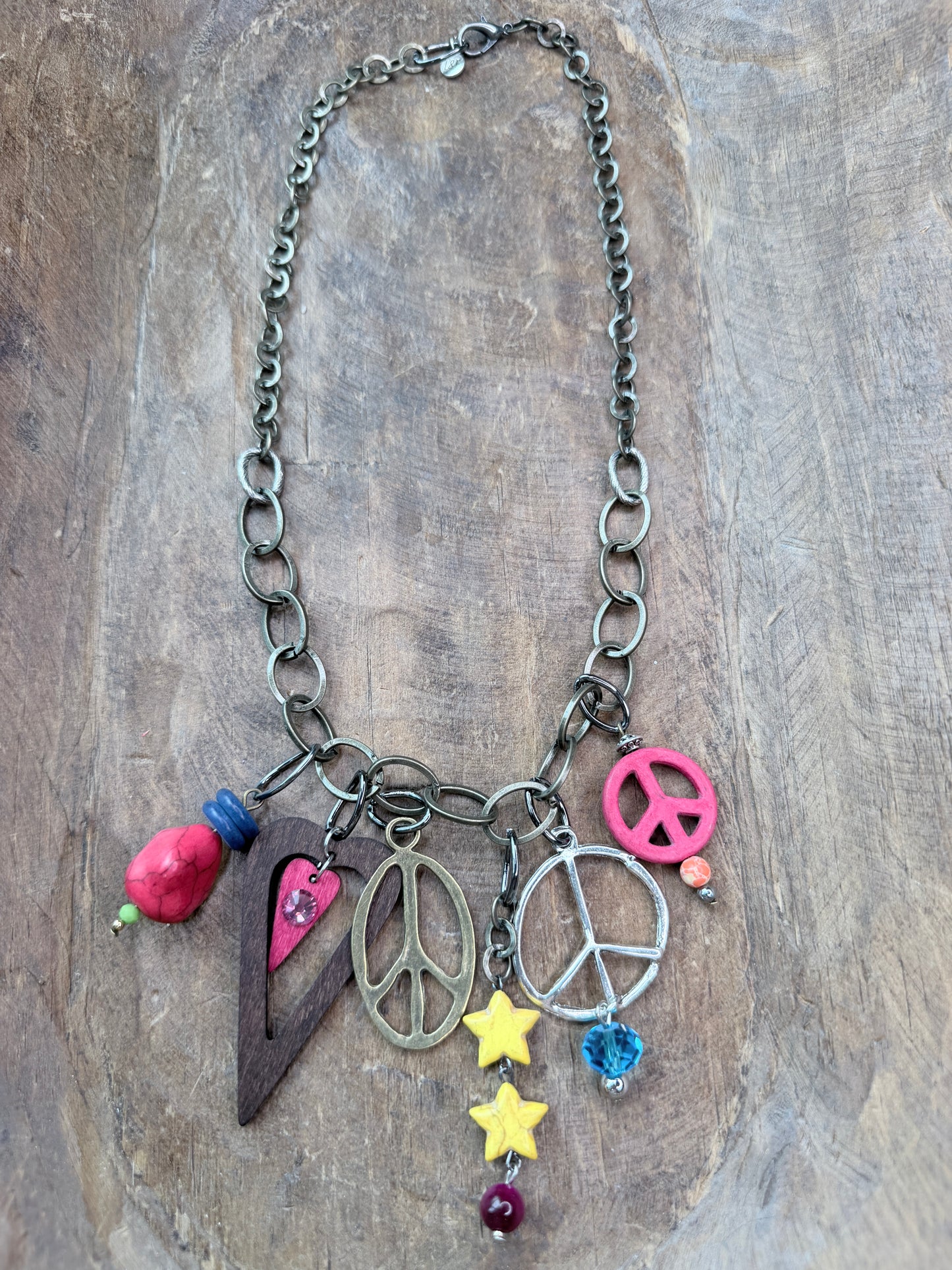 Lost & Found- Peace and Love Brassy Charm Necklace