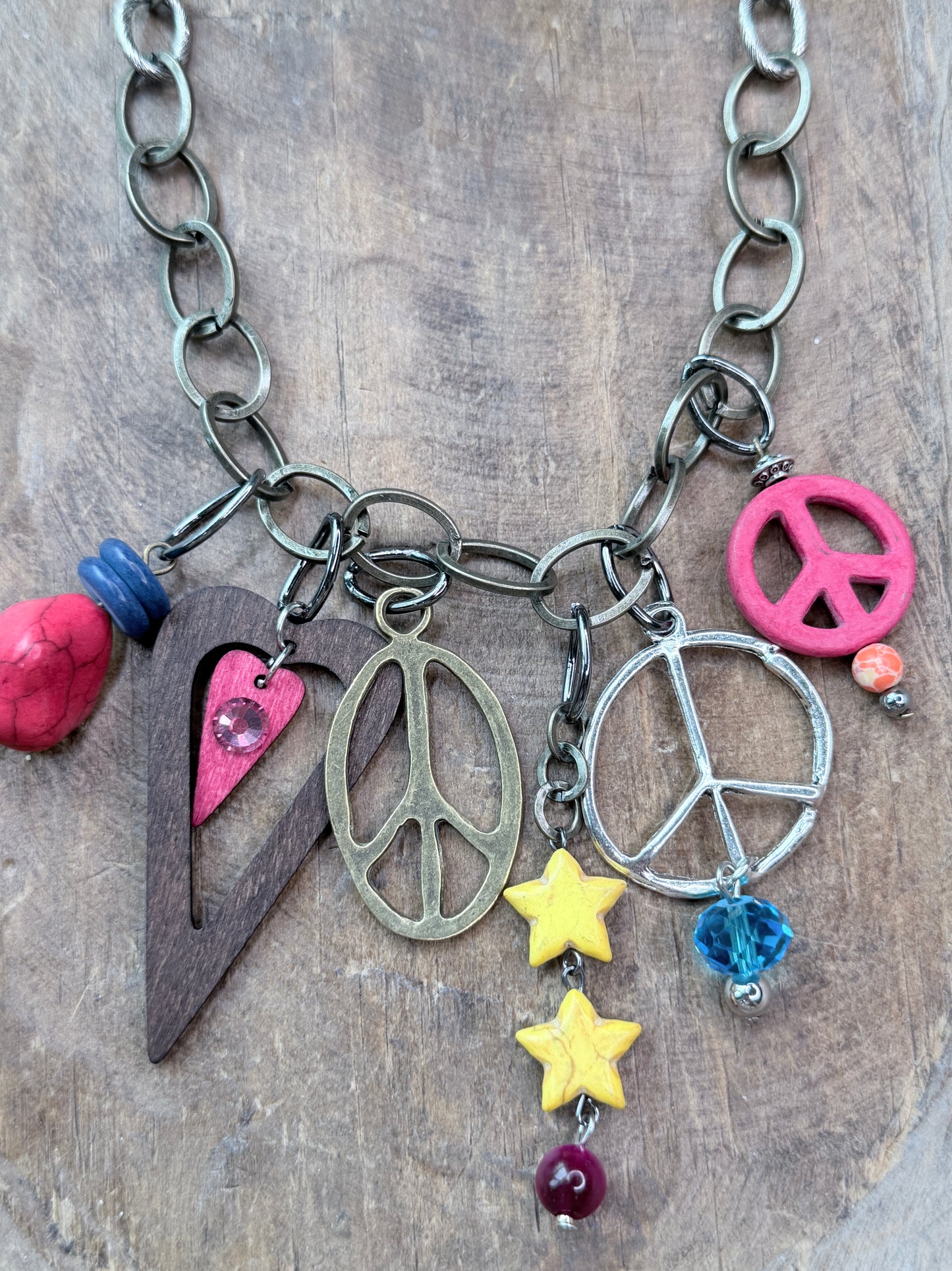 Lost & Found- Peace and Love Brassy Charm Necklace