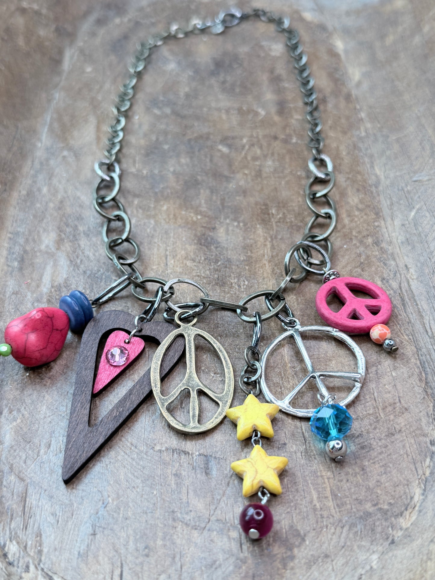 Lost & Found- Peace and Love Brassy Charm Necklace