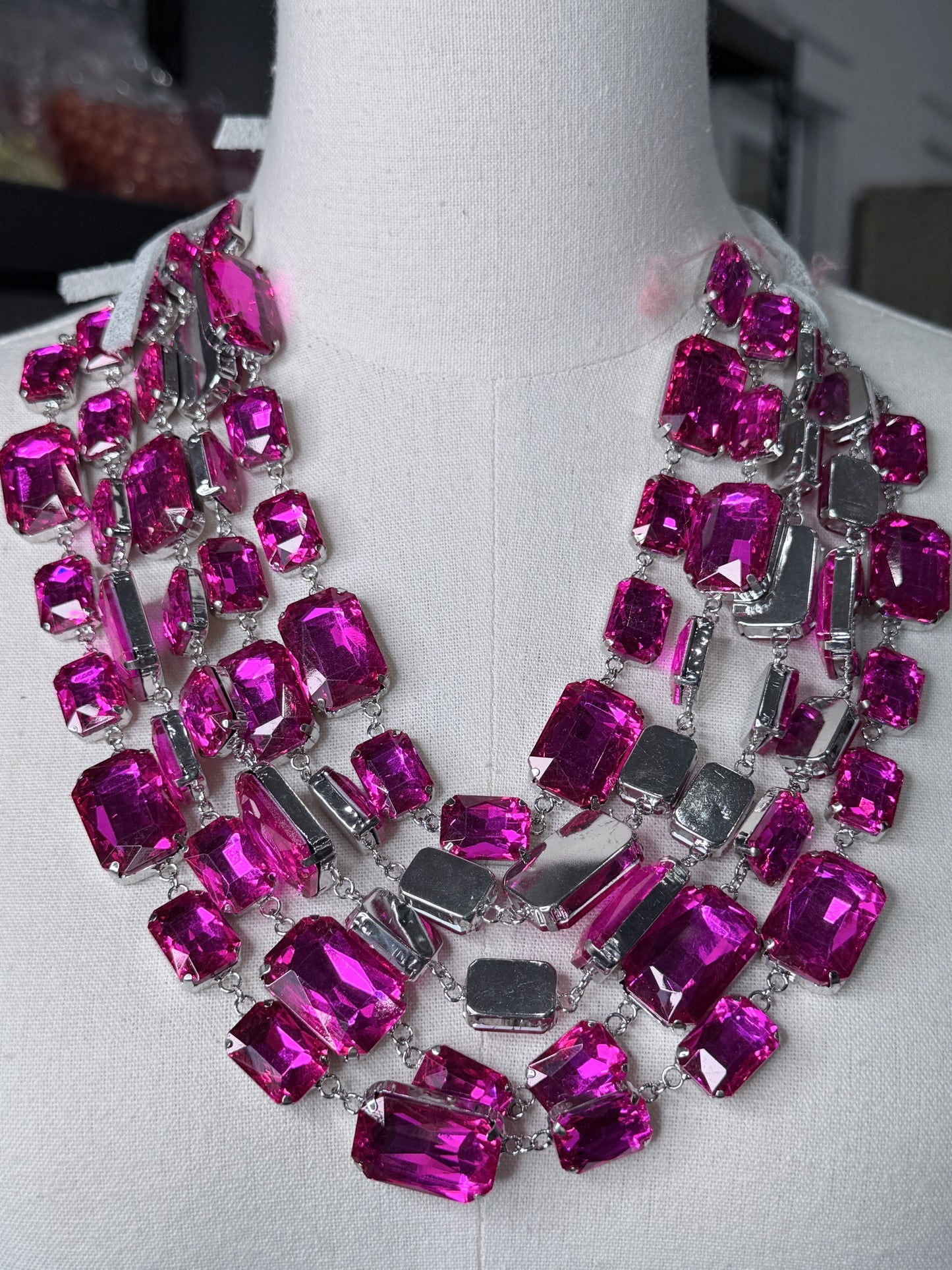 A Rare Bird - Vibrant Pink 5-Layer Rhinestone Necklace