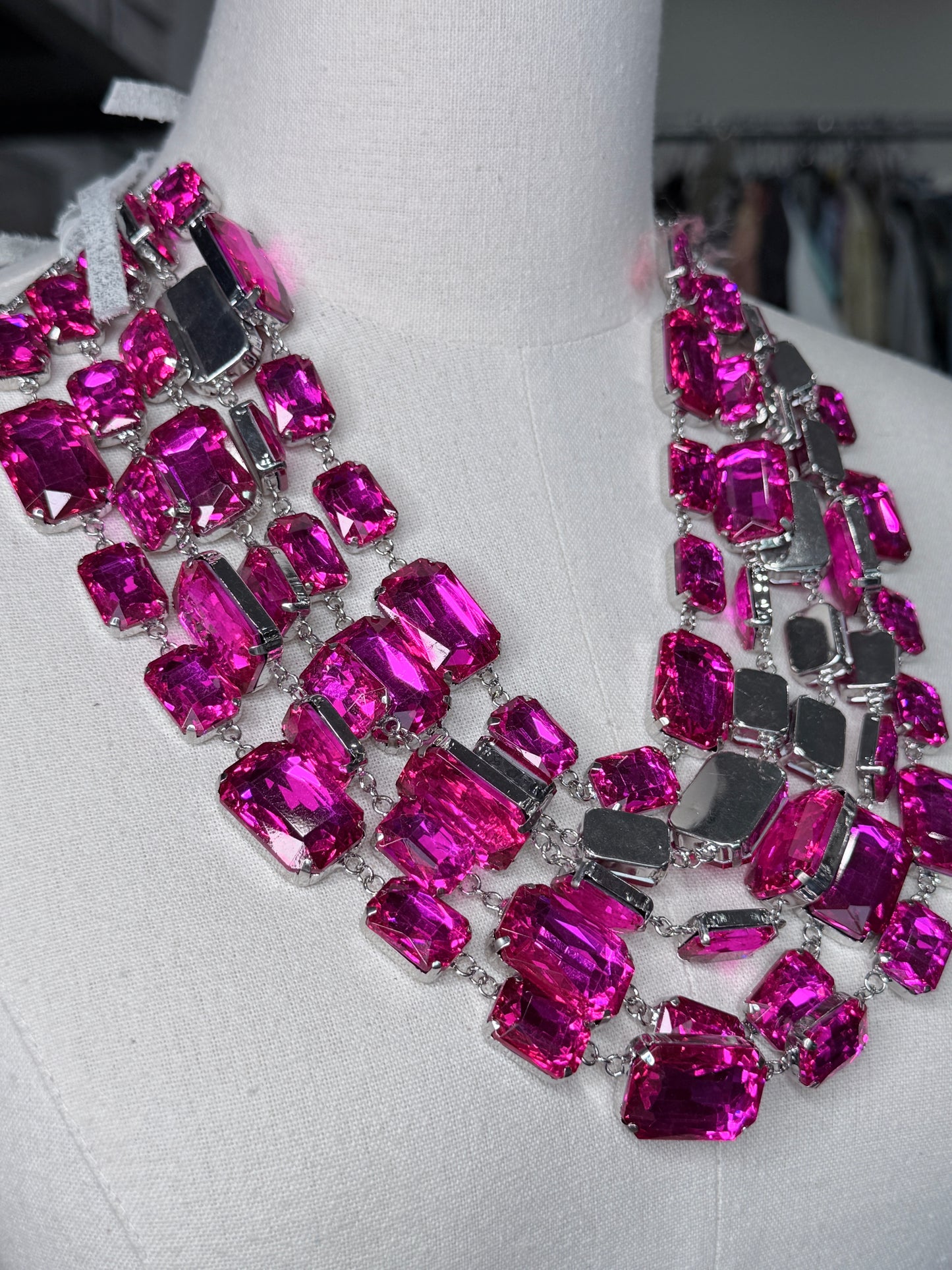 A Rare Bird - Vibrant Pink 5-Layer Rhinestone Necklace