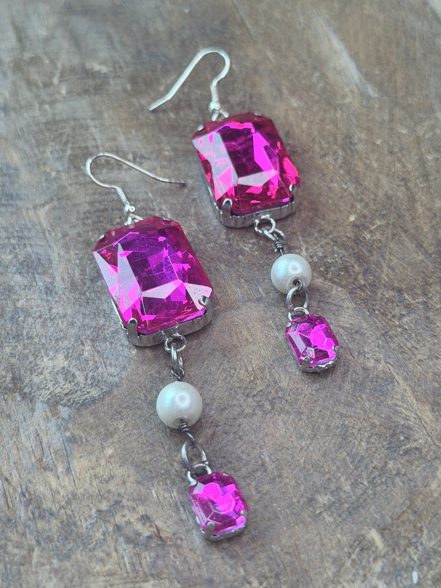 A RARE BIRD - Pearl & Hot Pink Crystal Earrings