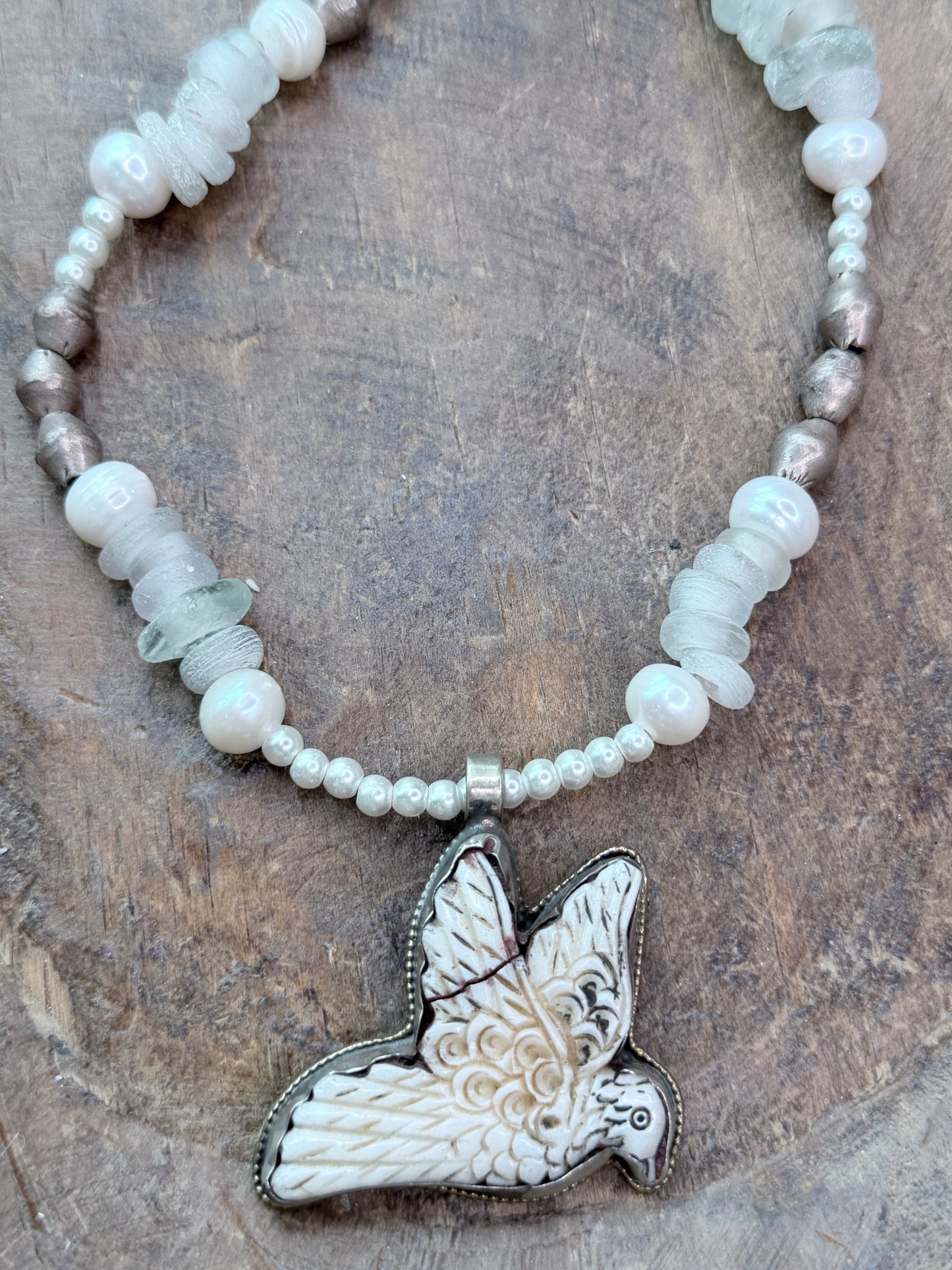 A Rare Bird- Tibetan Beaded Bone-Carved Dove Necklace