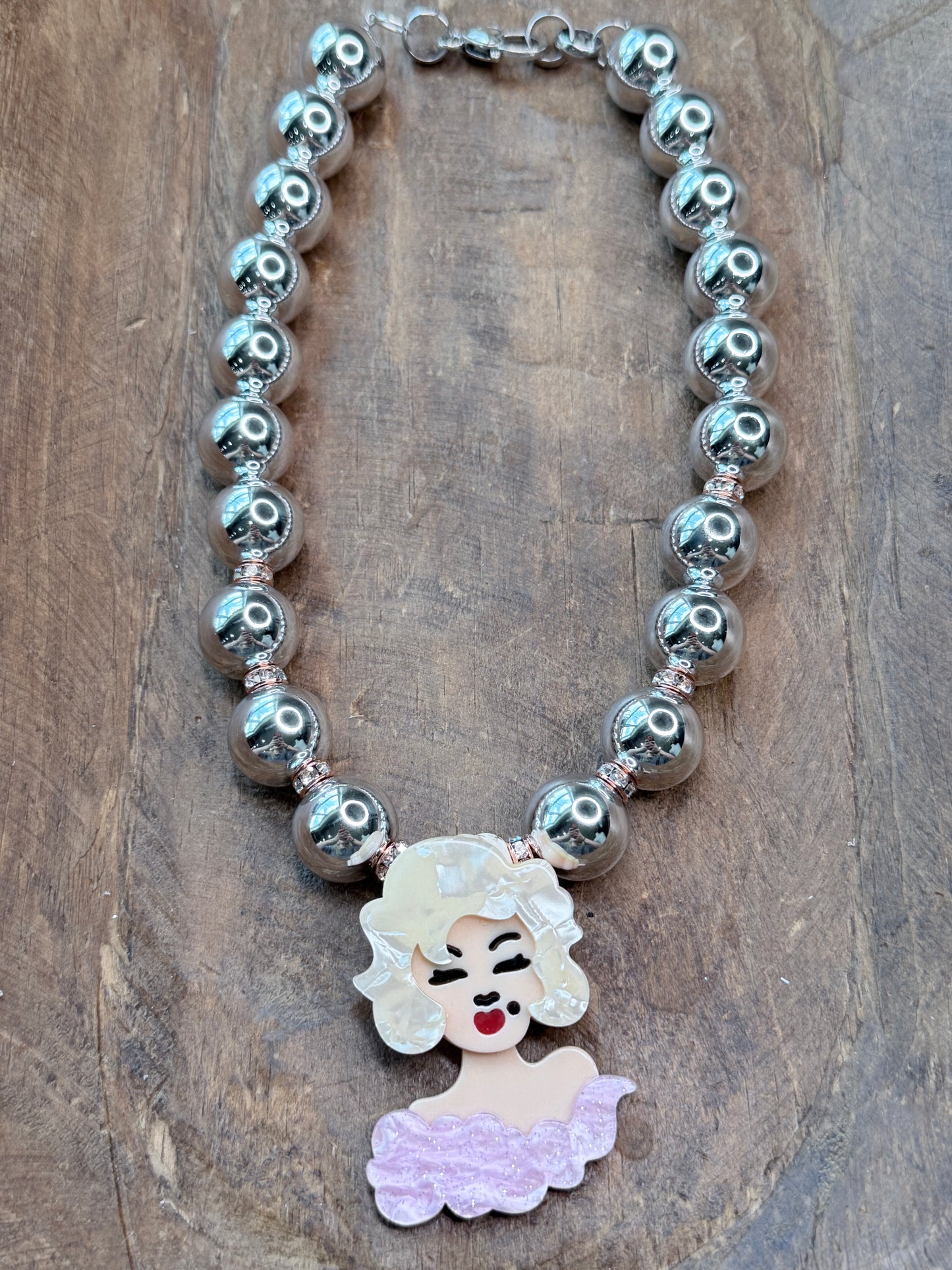 Pink and Silver Beaded Chic Lady Necklace- Indigo Blue