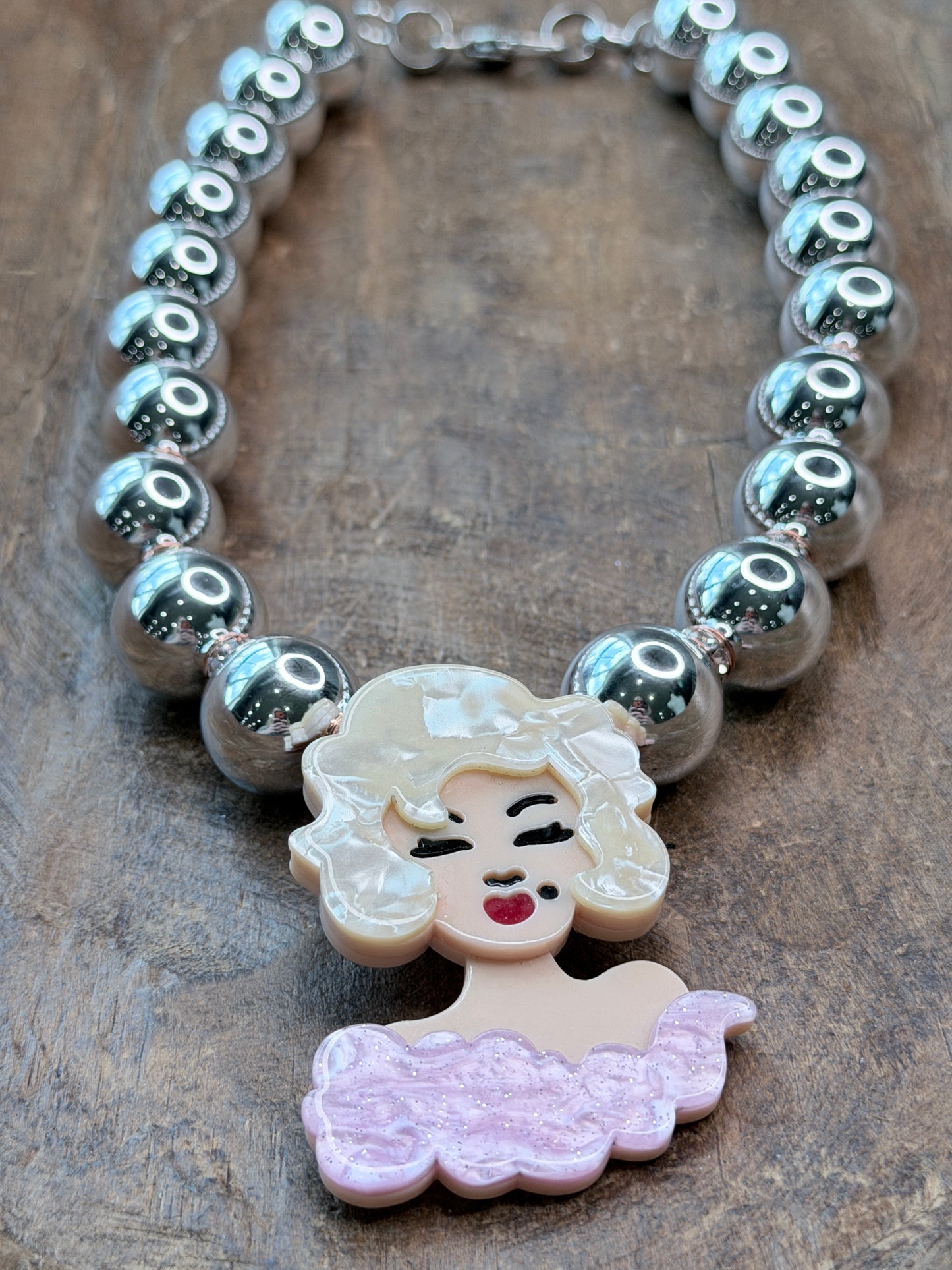 Pink and Silver Beaded Chic Lady Necklace- Indigo Blue