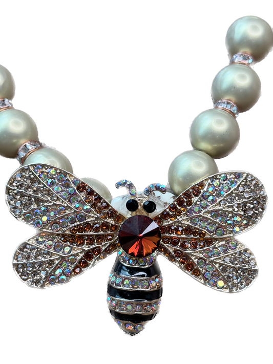 Golden Beaded Crystal Bee Necklace- Indigo Blue
