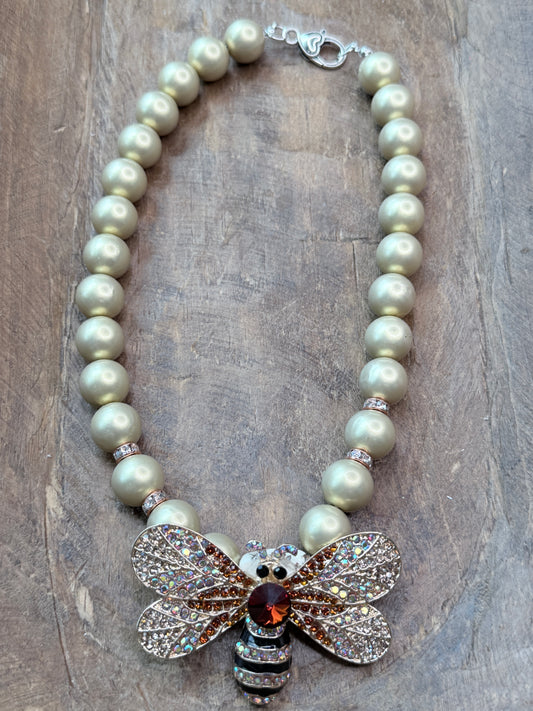 Golden Beaded Crystal Bee Necklace- Indigo Blue