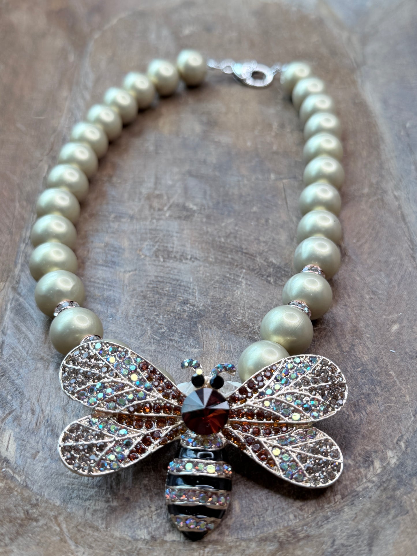 Golden Beaded Crystal Bee Necklace- Indigo Blue
