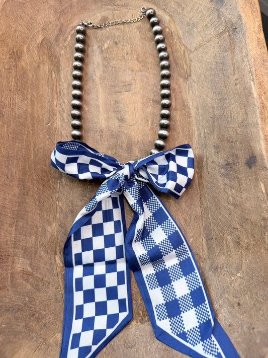Wrapped In Style Necklace (Navajo and Blue Check)- Indigo Blue