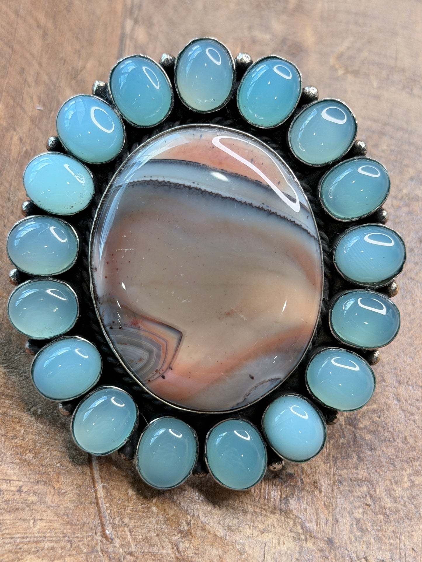 German Silver Banded Agate and Chalcedony Cluster Ring