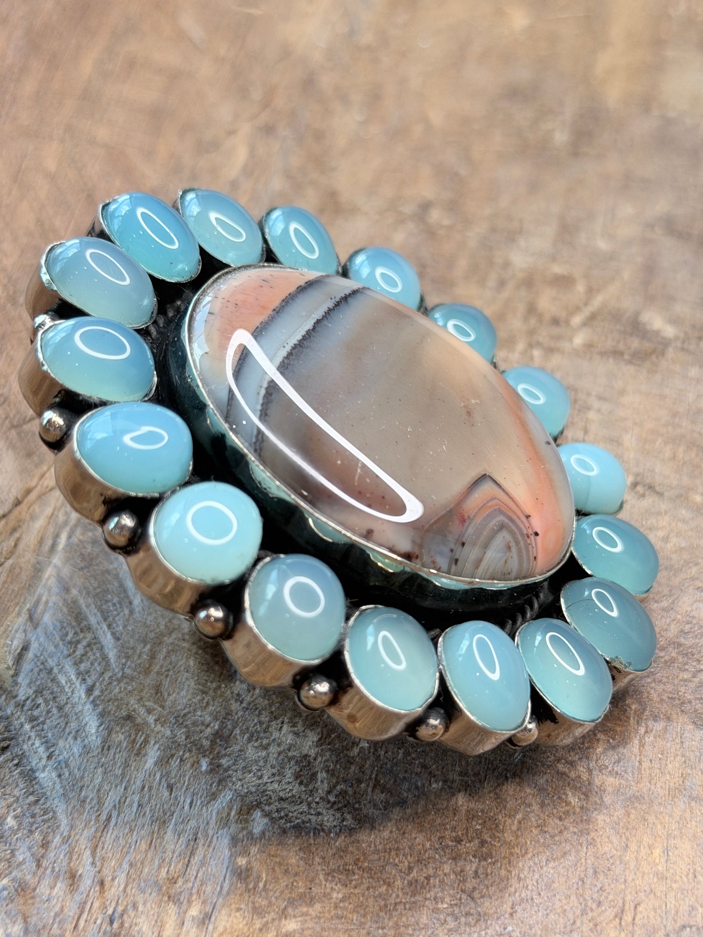 German Silver Banded Agate and Chalcedony Cluster Ring