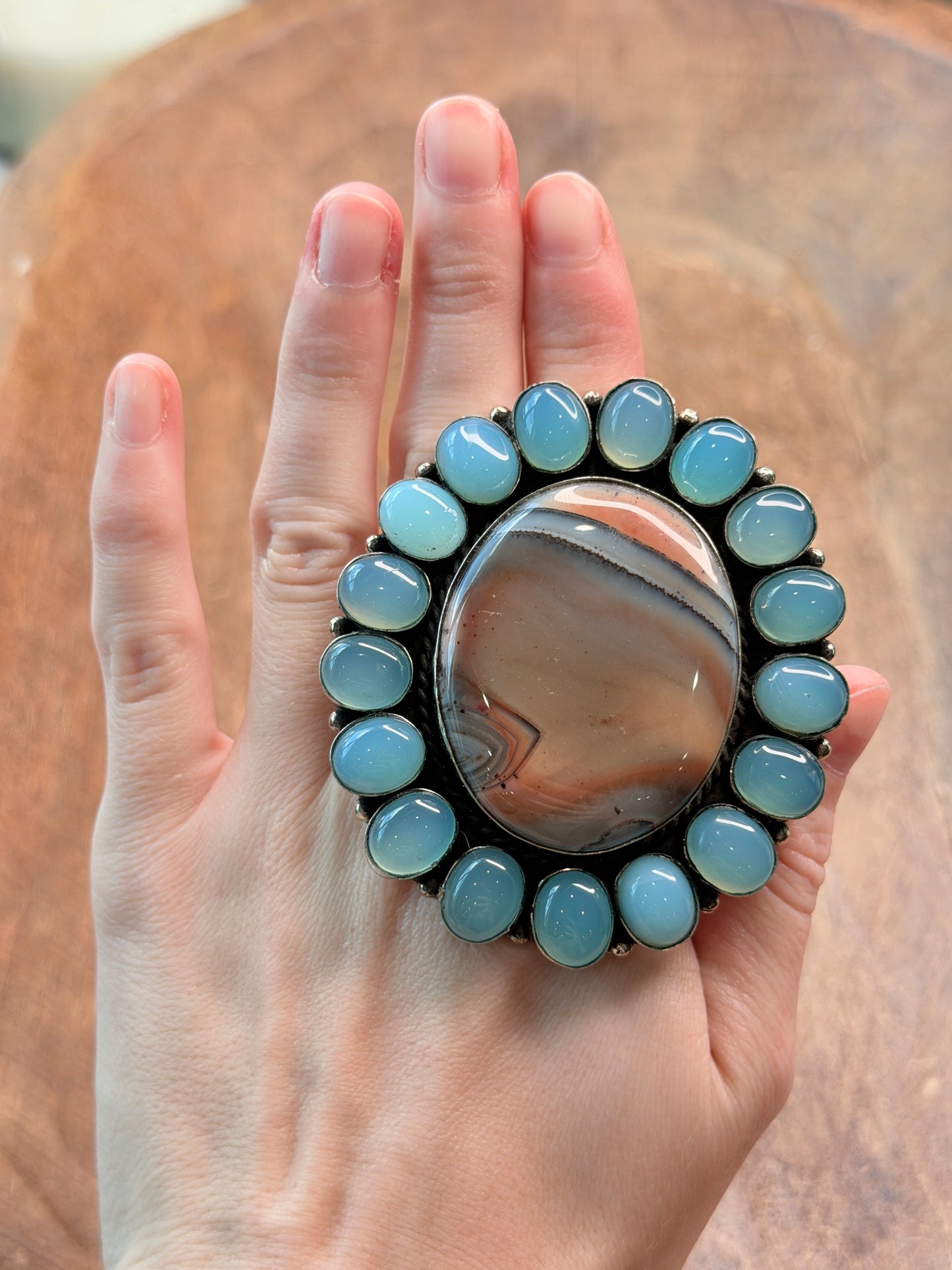 German Silver Banded Agate and Chalcedony Cluster Ring