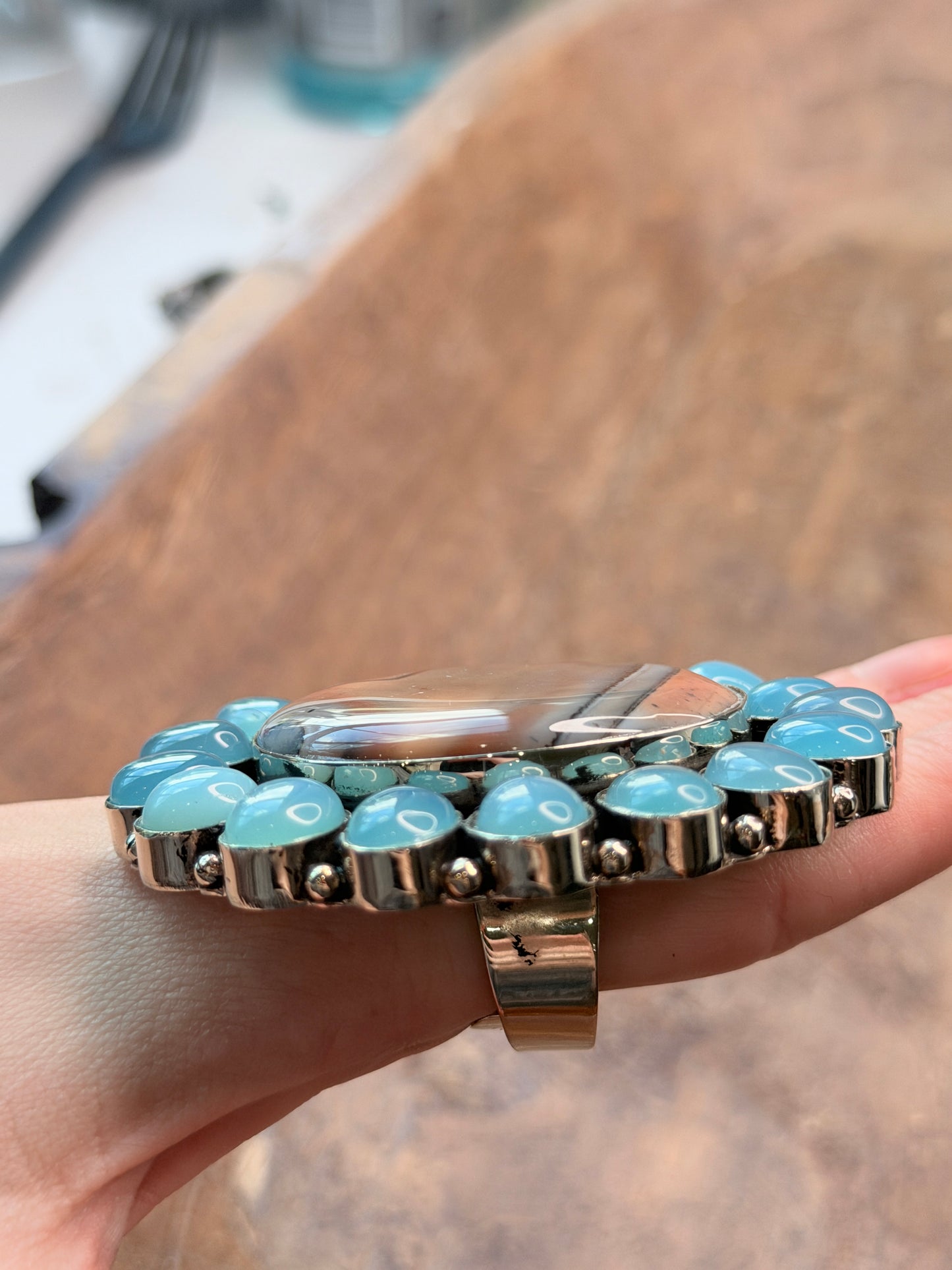 German Silver Banded Agate and Chalcedony Cluster Ring