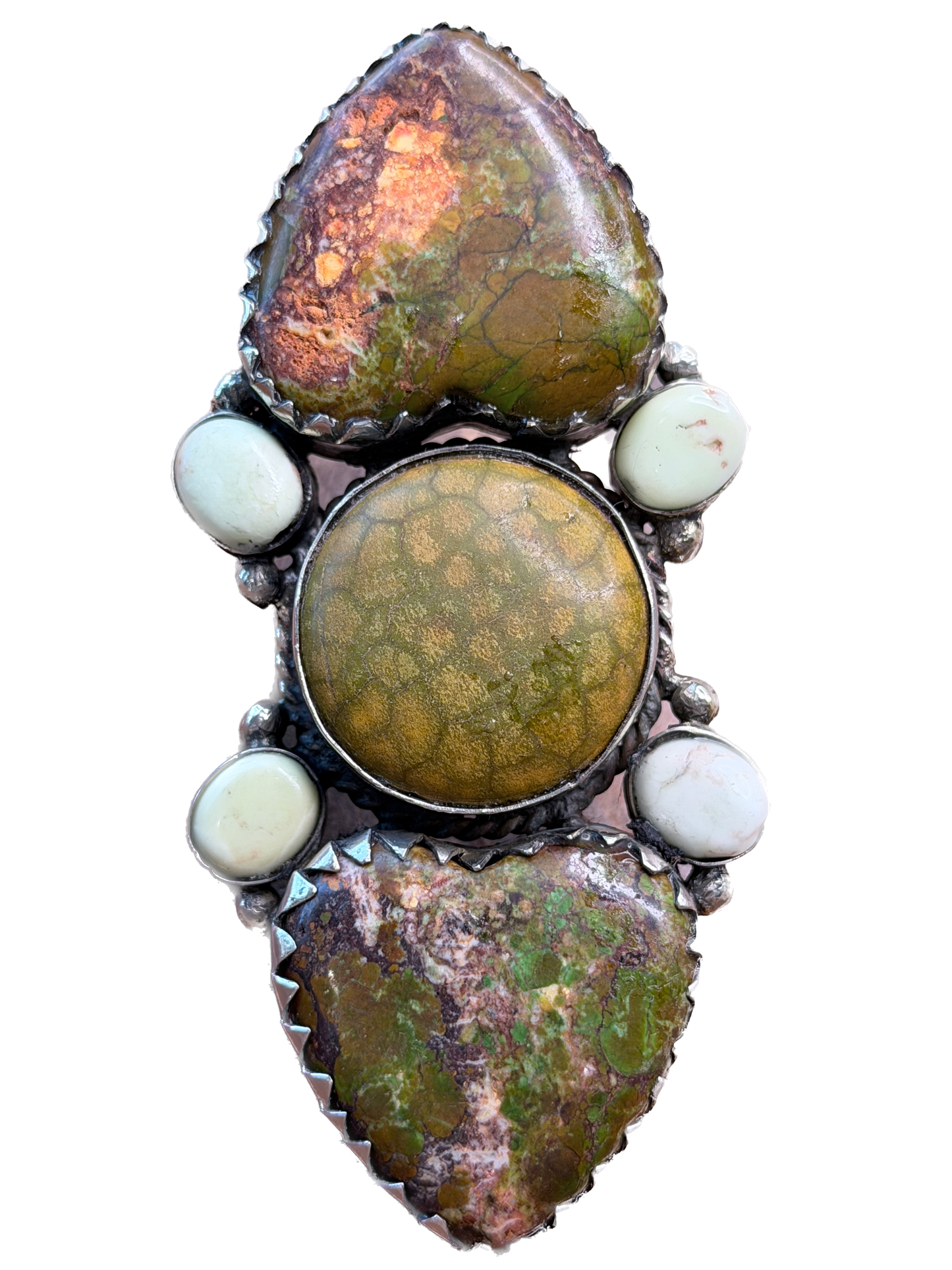 German Silver Large Green Turquoise Multi-Stone Heart Ring