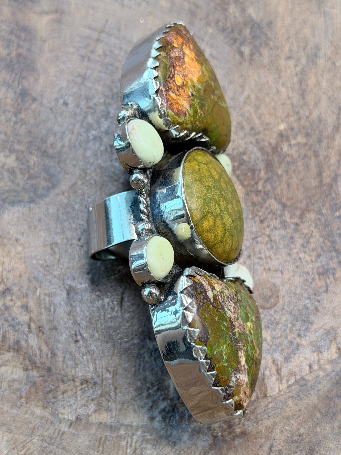 German Silver Large Green Turquoise Multi-Stone Heart Ring