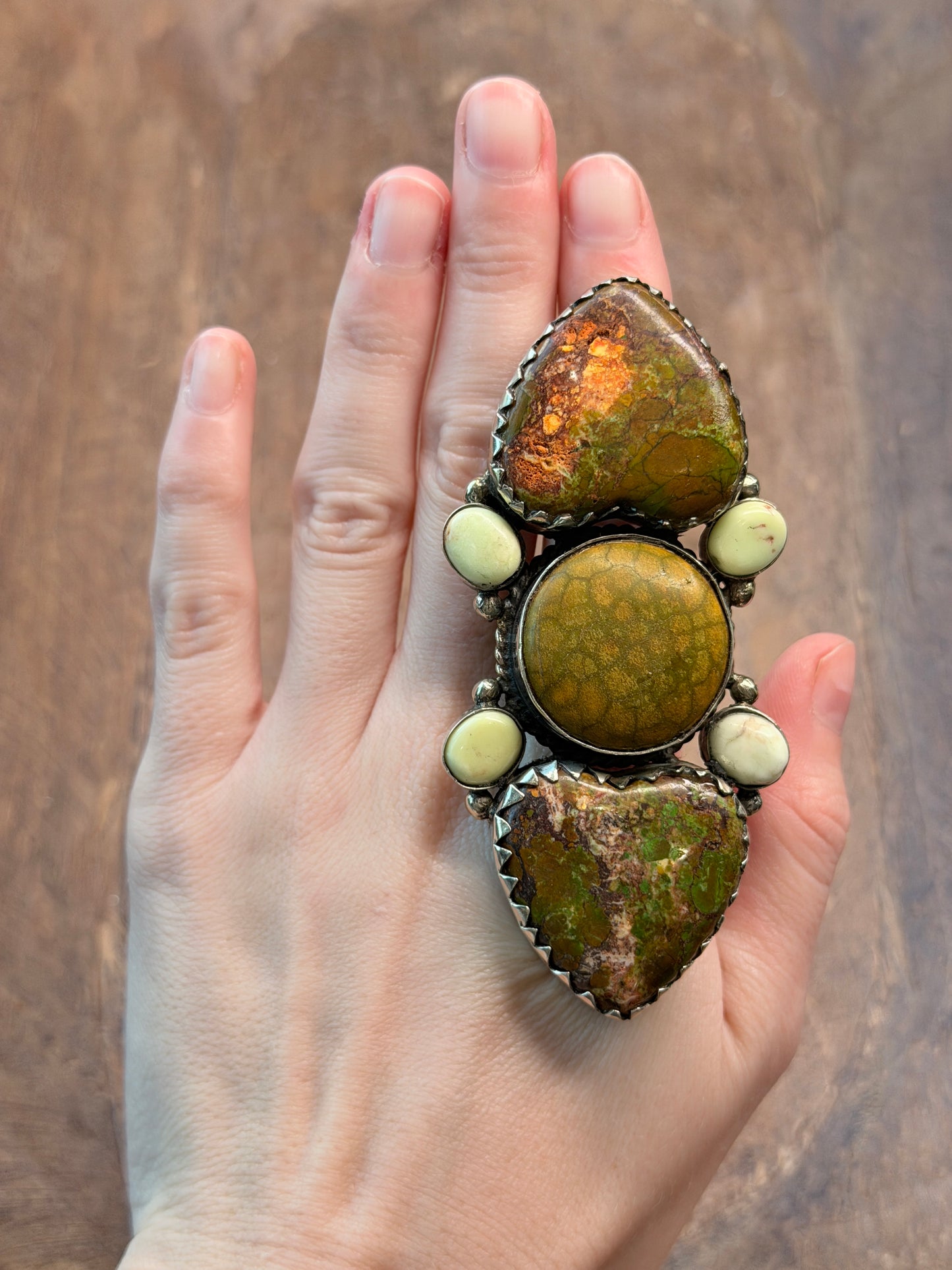 German Silver Large Green Turquoise Multi-Stone Heart Ring