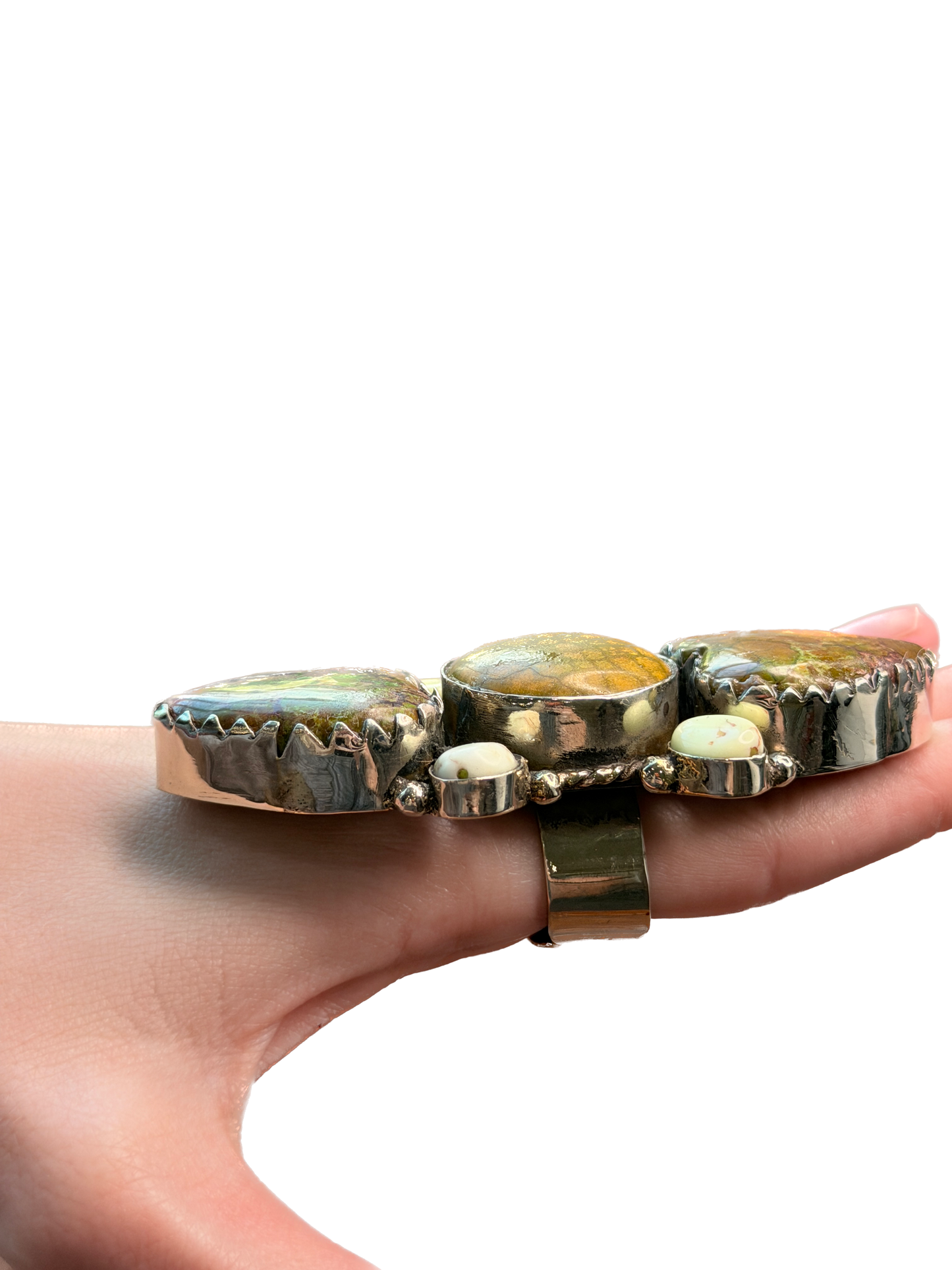 German Silver Large Green Turquoise Multi-Stone Heart Ring