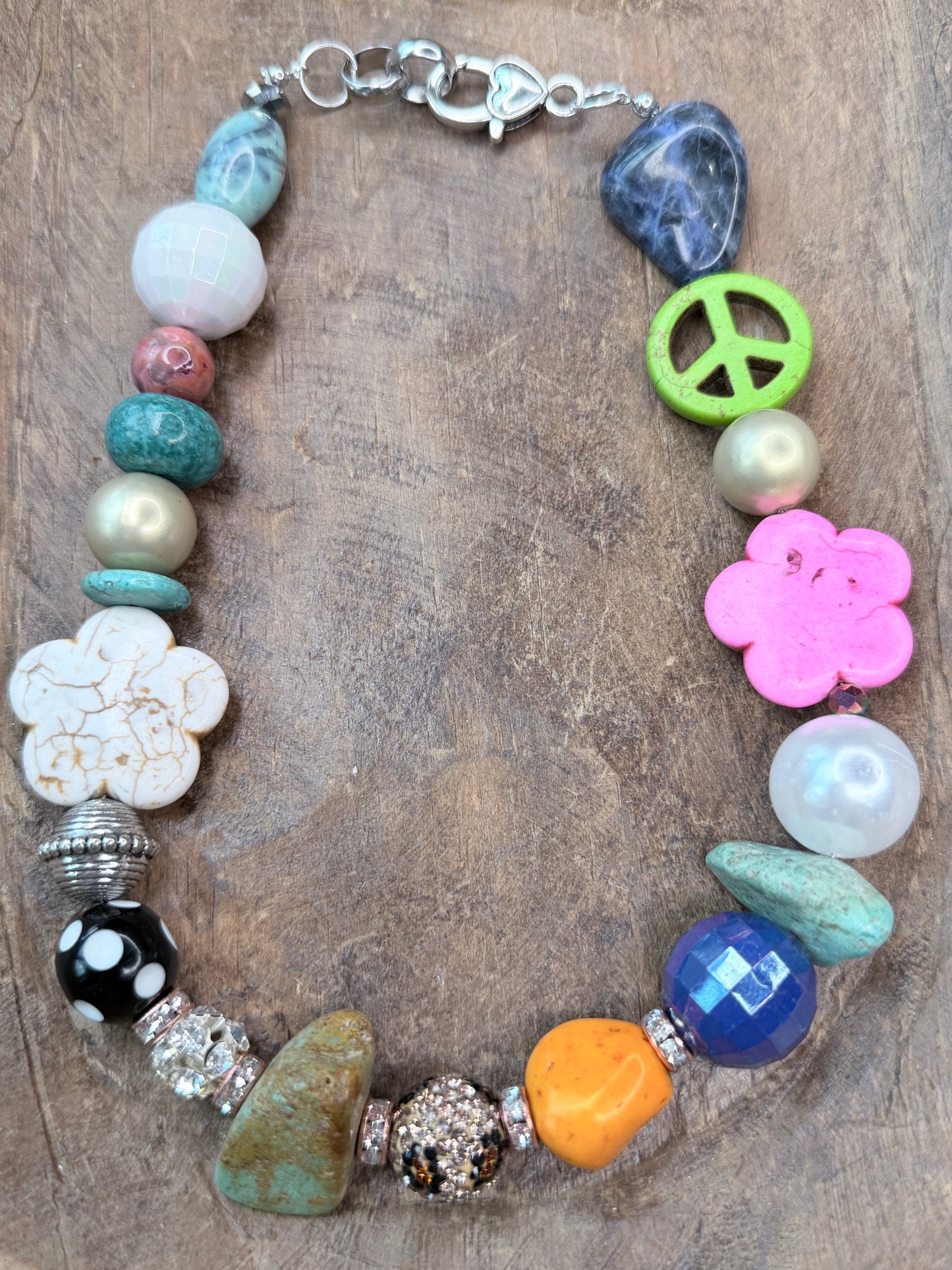 Short Turquoise Eclectic Flower Beaded Necklace- Indigo Blue