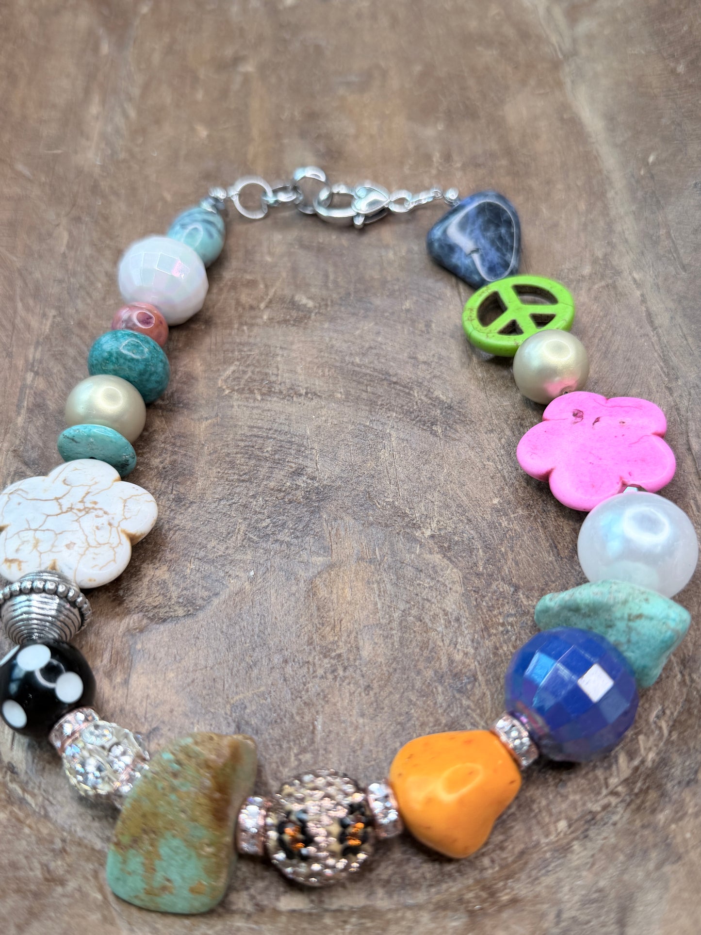 Short Turquoise Eclectic Flower Beaded Necklace- Indigo Blue