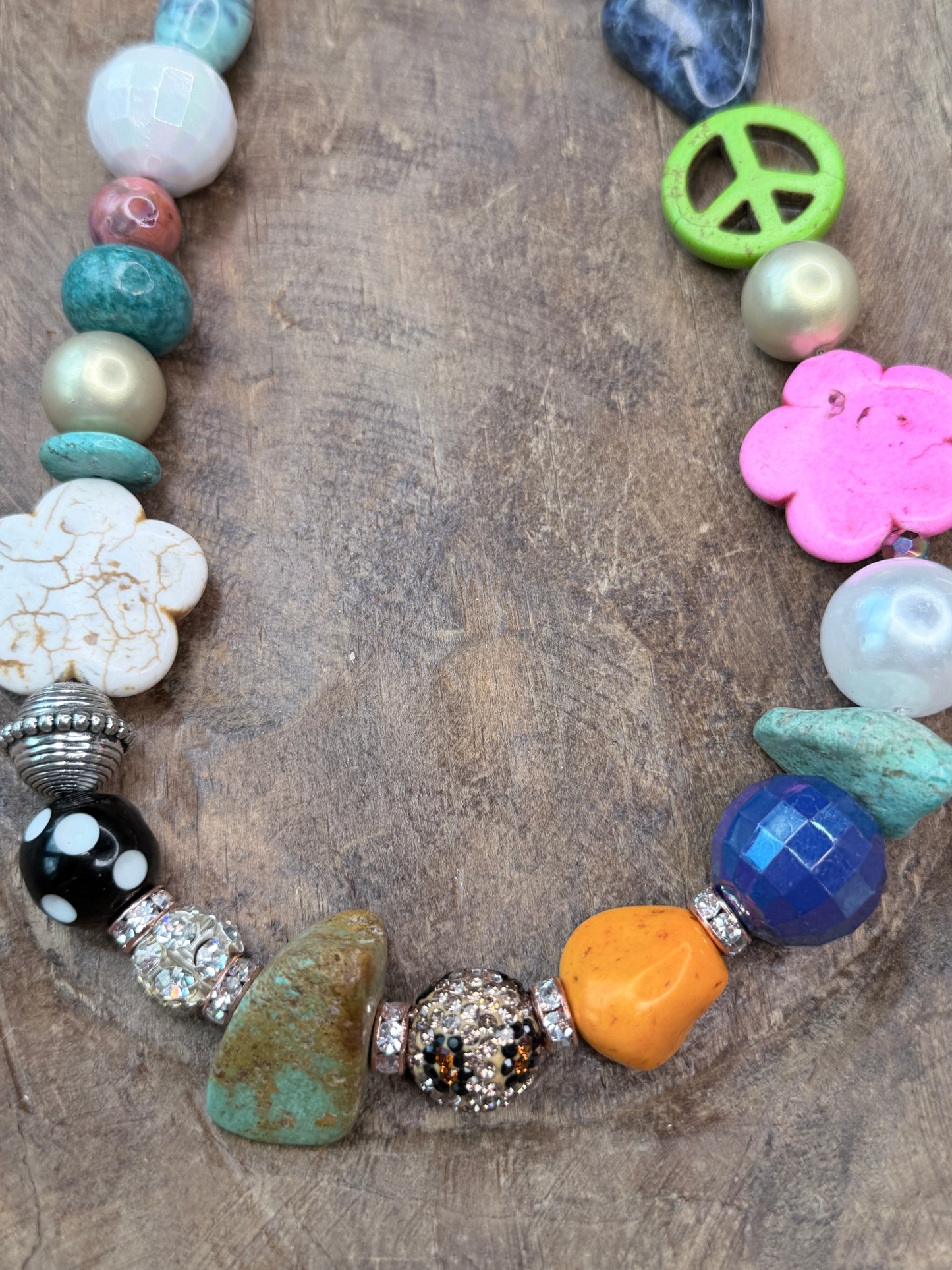 Short Turquoise Eclectic Flower Beaded Necklace- Indigo Blue