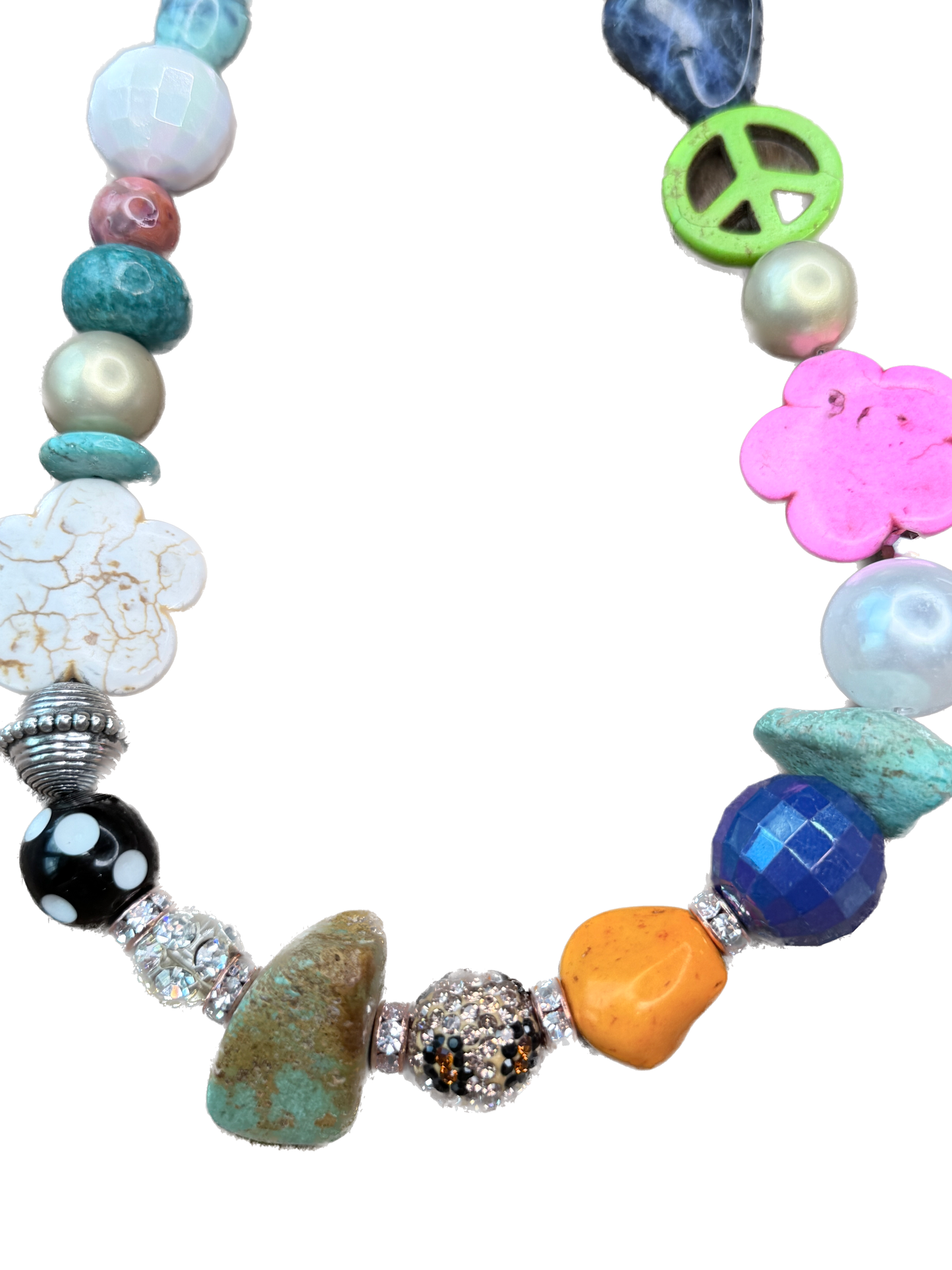 Short Turquoise Eclectic Flower Beaded Necklace- Indigo Blue