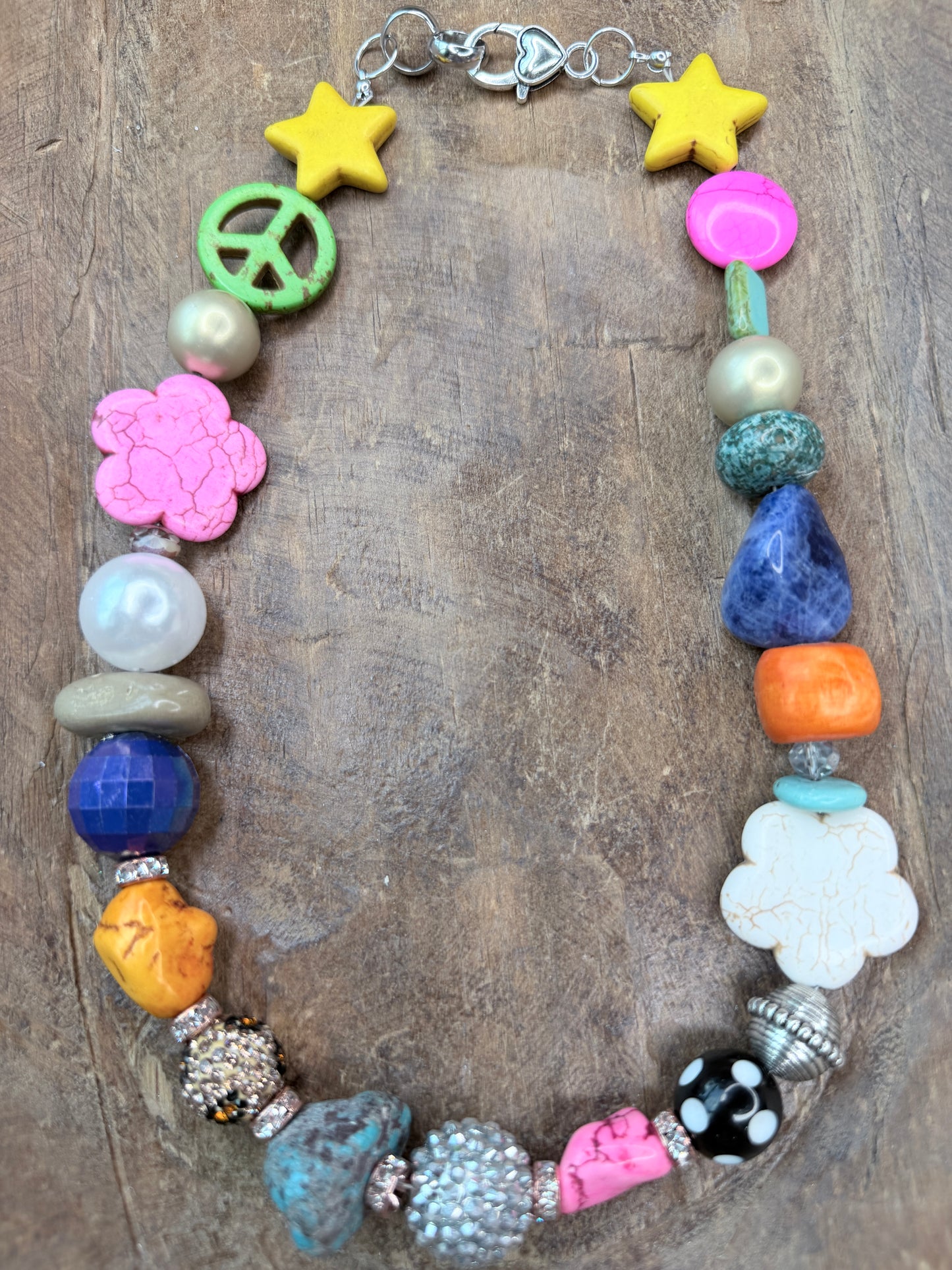 Short Eclectic Peace, Flower, and Star Beaded Necklace- Indigo Blue