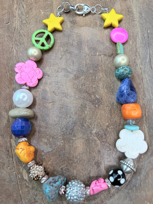 Short Eclectic Peace, Flower, and Star Beaded Necklace- Indigo Blue