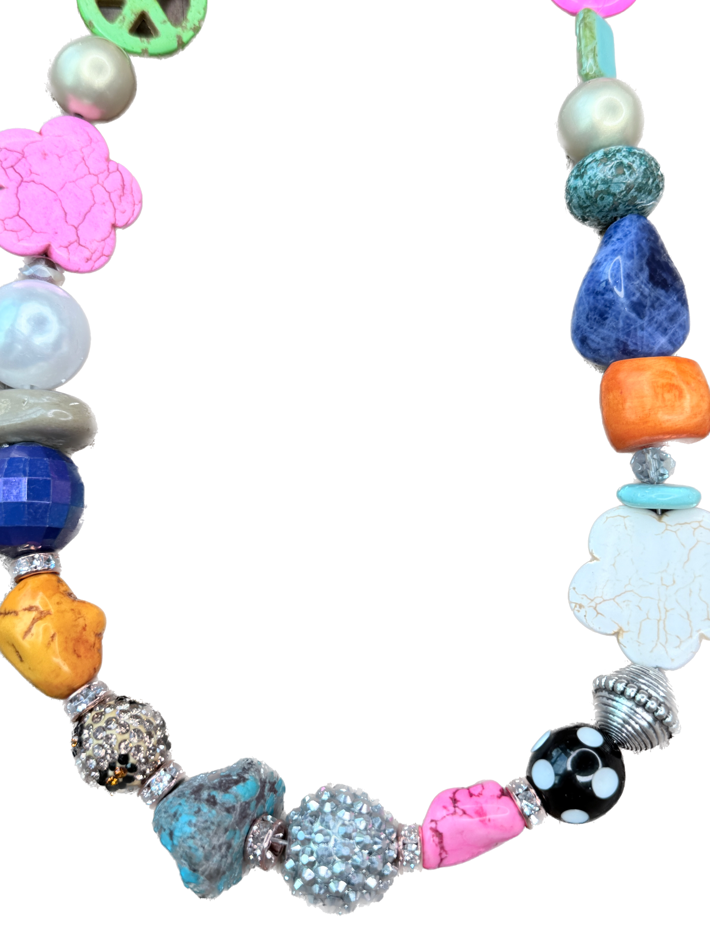 Short Eclectic Peace, Flower, and Star Beaded Necklace- Indigo Blue