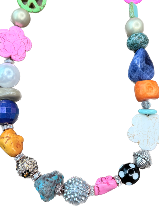 Short Eclectic Peace, Flower, and Star Beaded Necklace- Indigo Blue