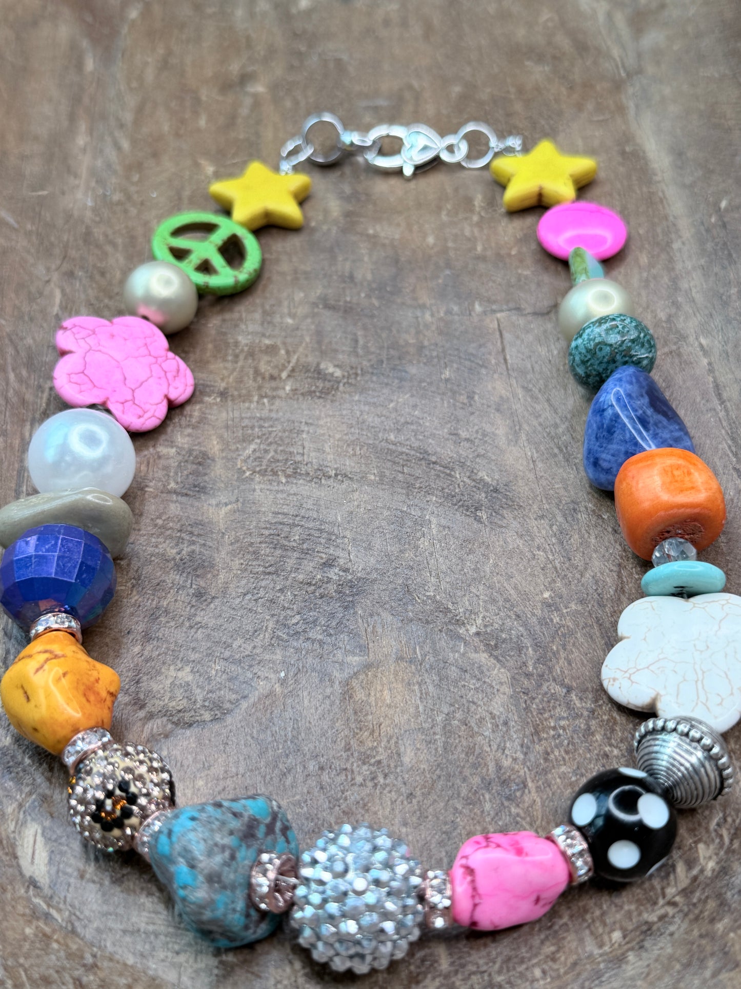 Short Eclectic Peace, Flower, and Star Beaded Necklace- Indigo Blue