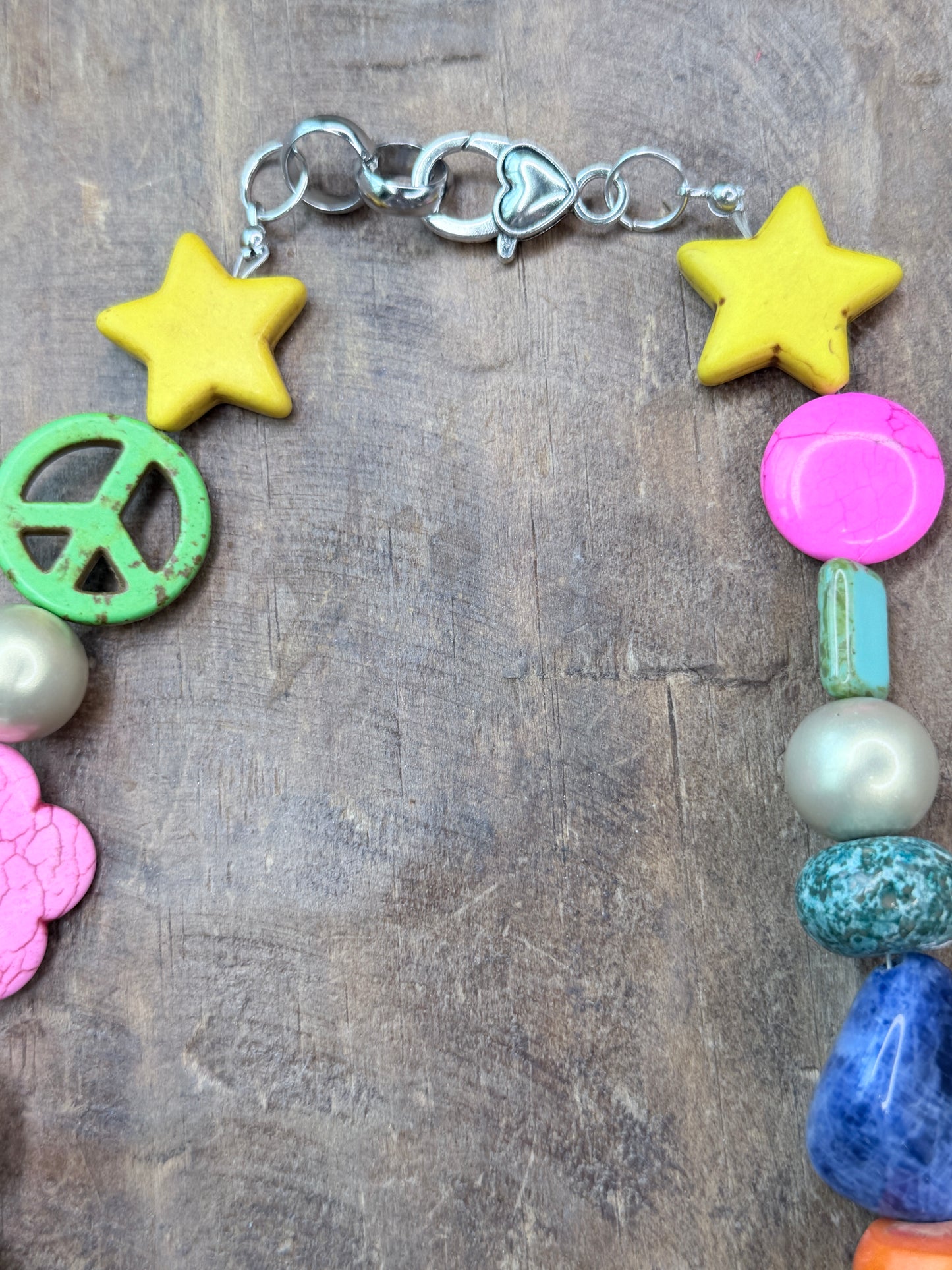 Short Eclectic Peace, Flower, and Star Beaded Necklace- Indigo Blue
