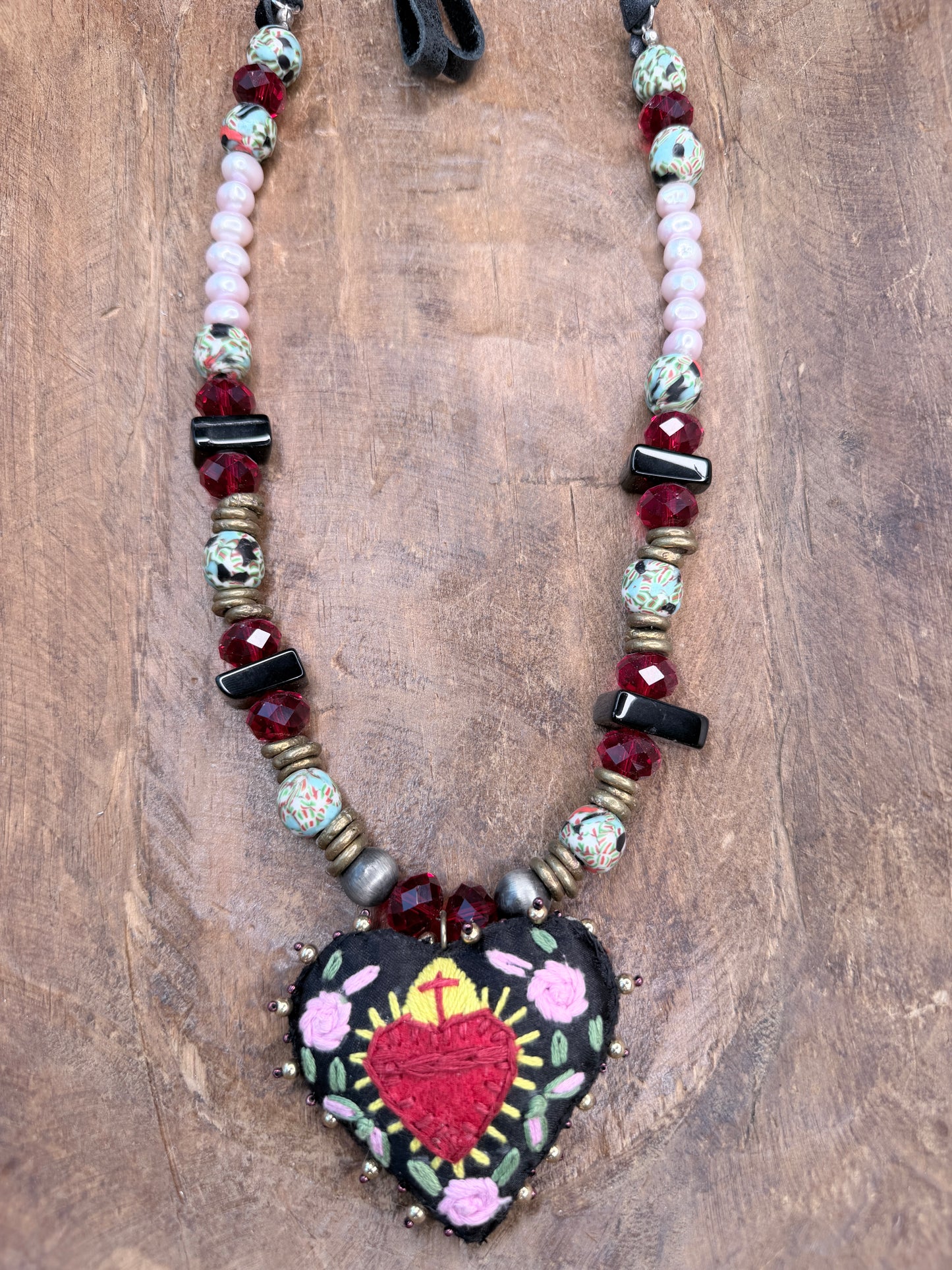 A Rare Bird- Embroidered Sacred Heart Red Beaded Necklace