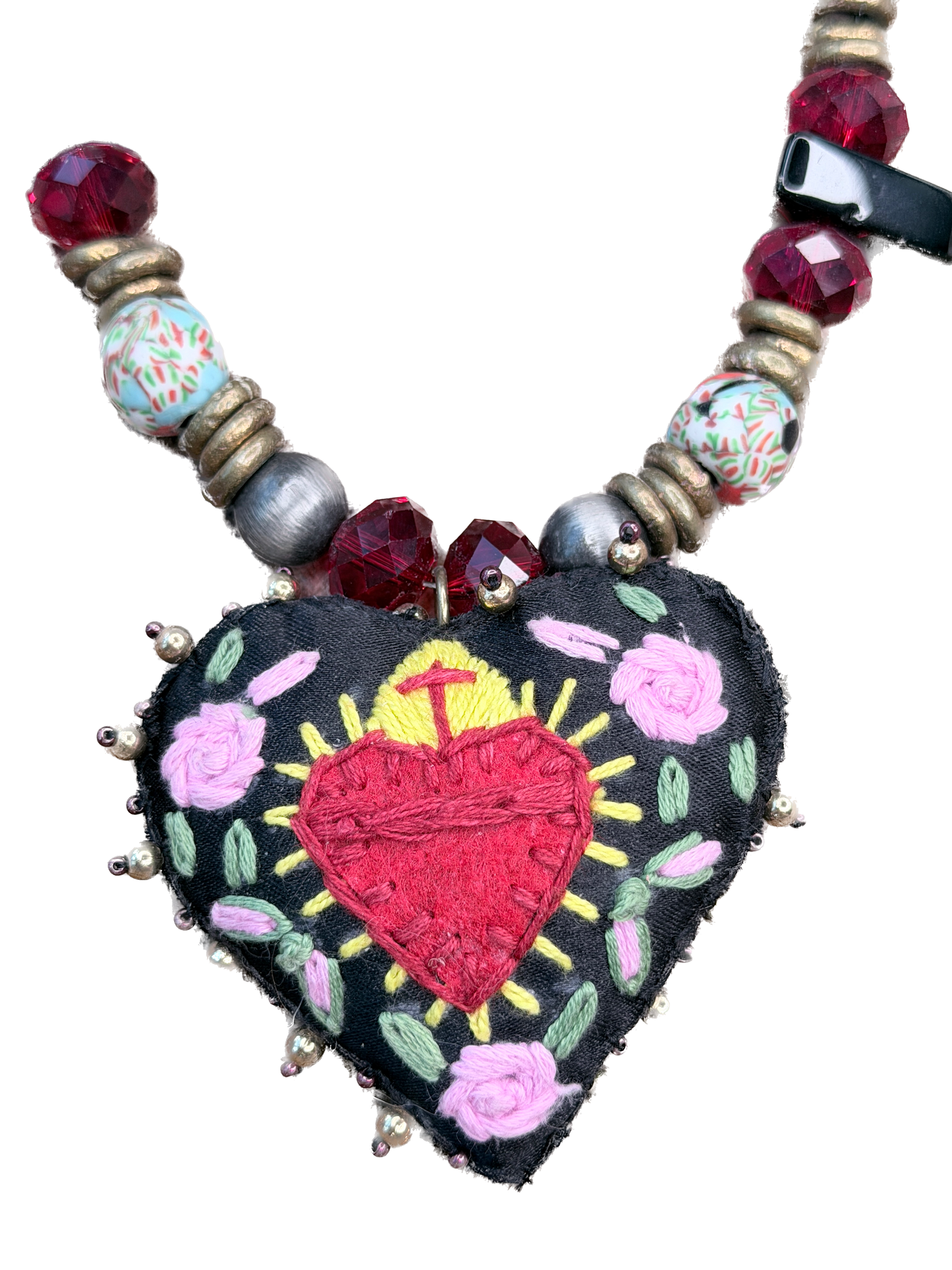 A Rare Bird- Embroidered Sacred Heart Red Beaded Necklace