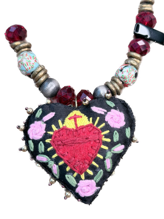 A Rare Bird- Embroidered Sacred Heart Red Beaded Necklace