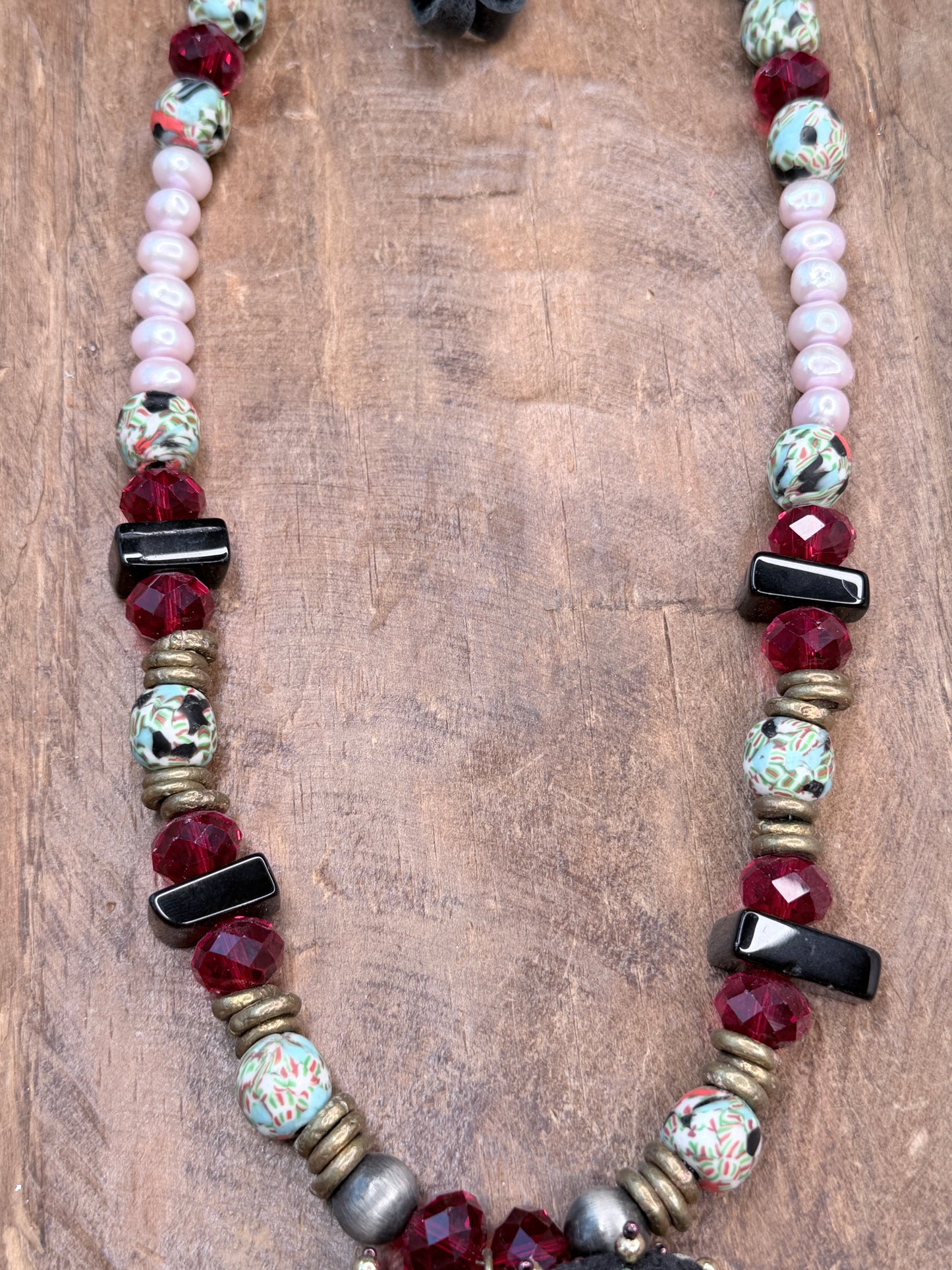 A Rare Bird- Embroidered Sacred Heart Red Beaded Necklace