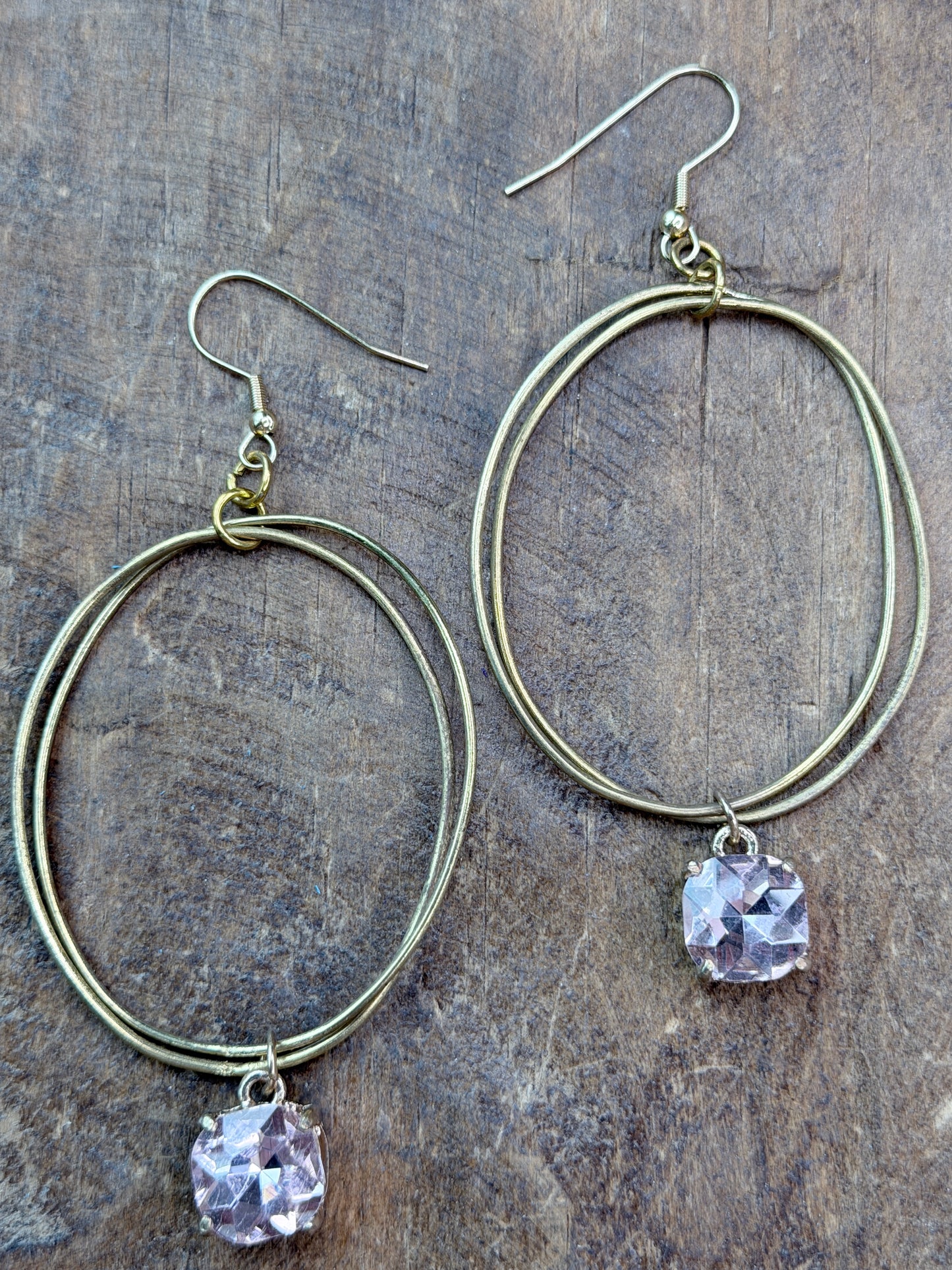 A Rare Bird- Gold Double Hoop and Pink Crystal Earrings