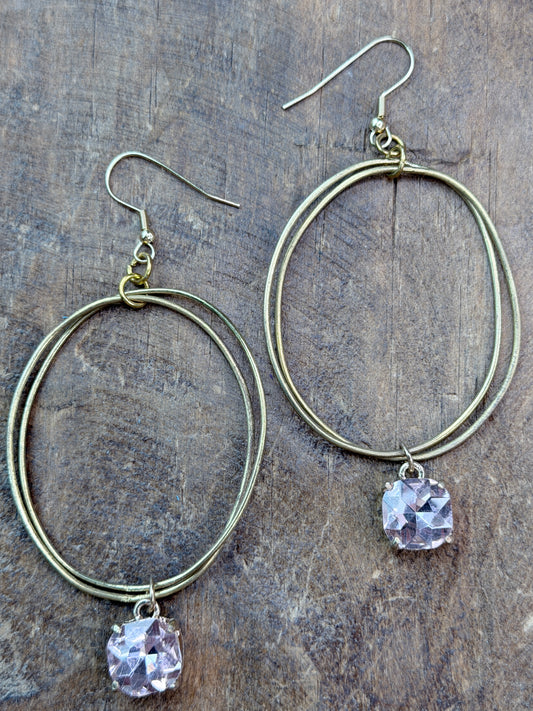 A Rare Bird- Gold Double Hoop and Pink Crystal Earrings