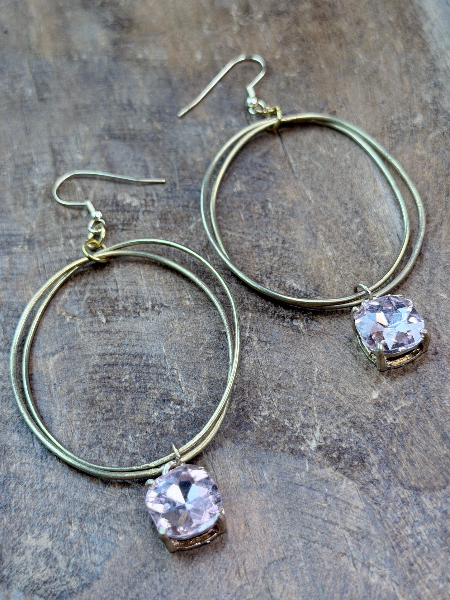 A Rare Bird- Gold Double Hoop and Pink Crystal Earrings